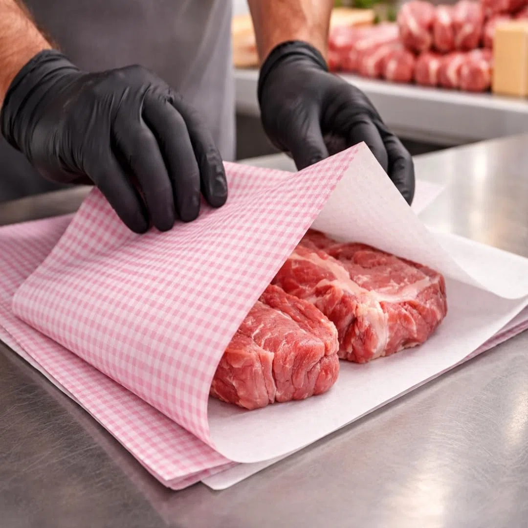 Papel alimentario dúplex satinado fondo rosa – 10 kg – tamaños de 25 x 32 a 50 x 65 cm – Papel de embalaje para carnicería, queso, pescado, embutidos, restauración profesional (50 x 65 cm – 10 kg)