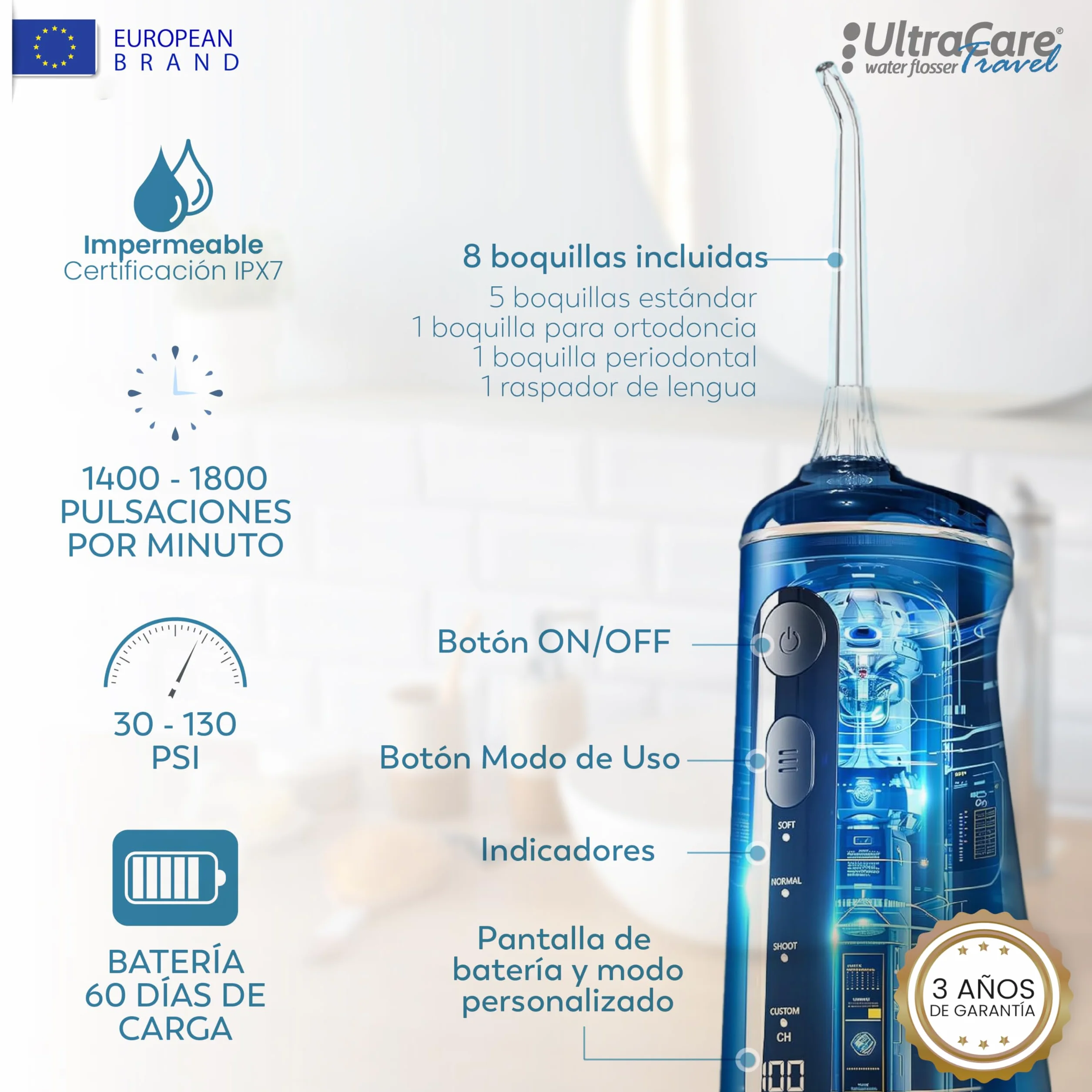 Aquapik Ultracare Travel Irrigador Bucal Portatil Inalámbrico 8 Boquillas 4 Modos IPX8 Impermeable 300ML USB-C Recargable
