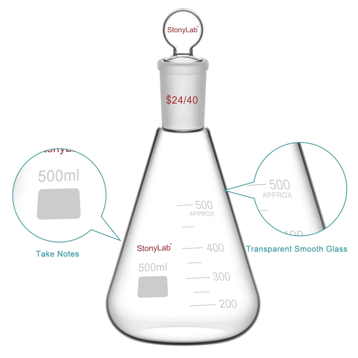 stonylab Matraz Erlenmeyer 24/40 de Vidrio con Tapón, 500 ml Frasco de Pared Gruesa de Vidrio Borosilicato con Junta Exterior Cónica Estándar 24/40 y Tapón de Vidrio