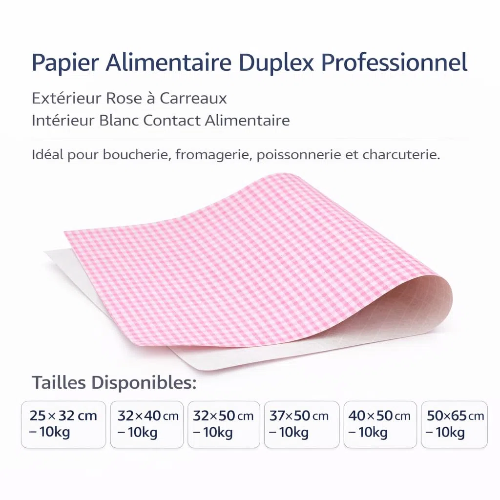 Papel alimentario dúplex satinado fondo rosa – 10 kg – tamaños de 25 x 32 a 50 x 65 cm – Papel de embalaje para carnicería, queso, pescado, embutidos, restauración profesional (50 x 65 cm – 10 kg)