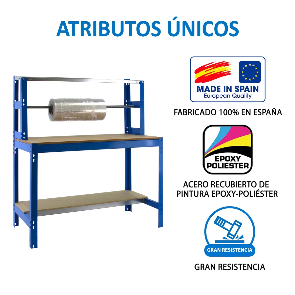 Simon Rack Banco de Trabajo con Porta Rollo y cajón 1210x760 mm - BT4 | Tablero madera 16 mm, Capacidad Carga 600 kg, Azul , Pintura anticorrosión, Montaje sistema clic