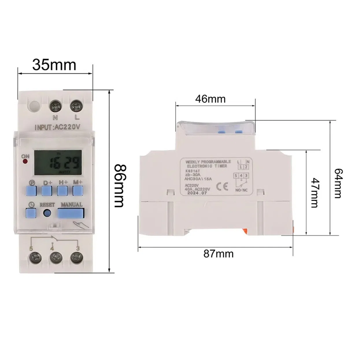 Temporizador 220V 110V 24V 12V AHC10A TE-4163 Temporizador de potencia digital LCD Relé de interruptor de tiempo programable 40A AHC40A Temporizador de control semanal(1NO 1NC,220V)
