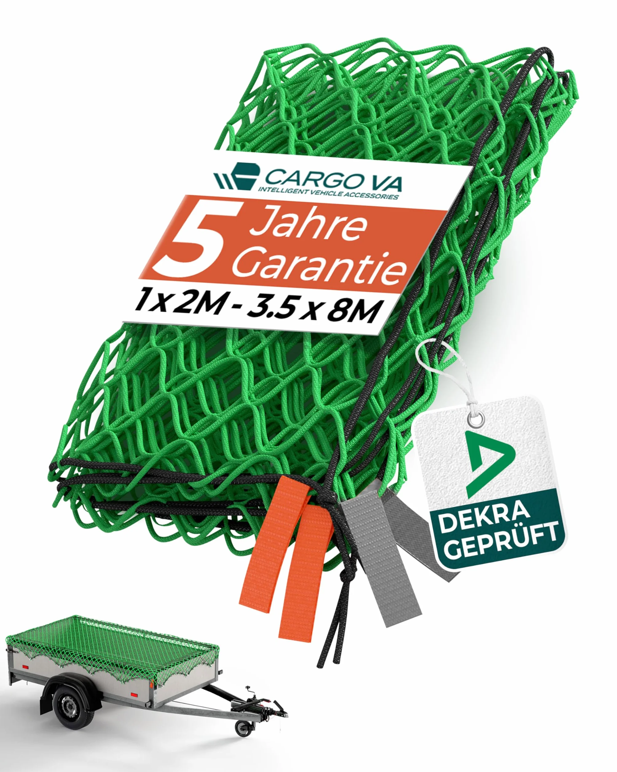 CargoVA® - Red de Remolque 3x4M [DEKRA Aprobado] - Red de Remolque con Cuerda elástica y marcación de Esquinas - para una sujeción Carga