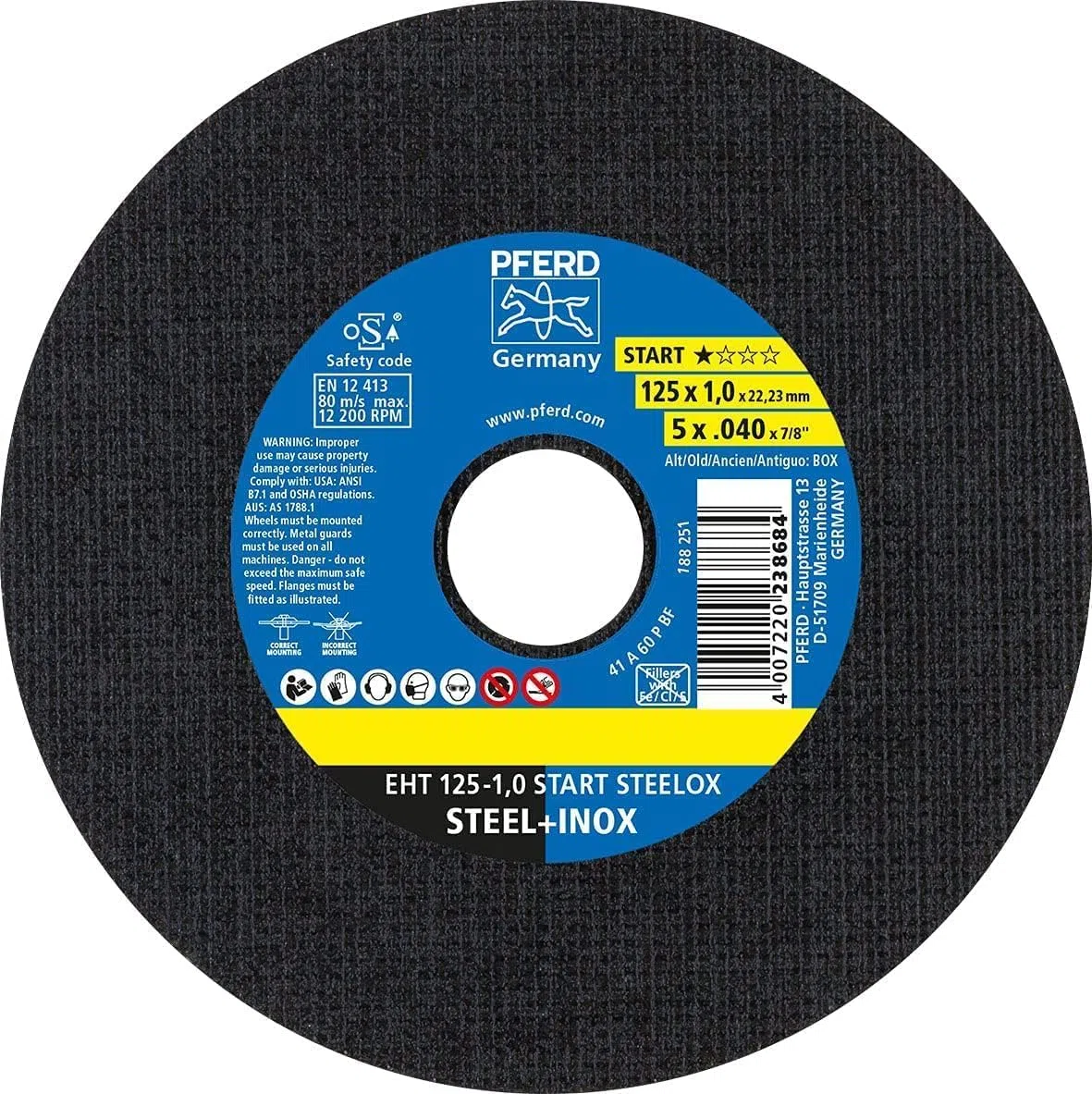 PFERD Discos de corte, 50 unidades, EHT 125 x 1,0 x 22,23 mm, línea recta Start STEELOX | 69198290 – para acero, acero inoxidable (INOX)