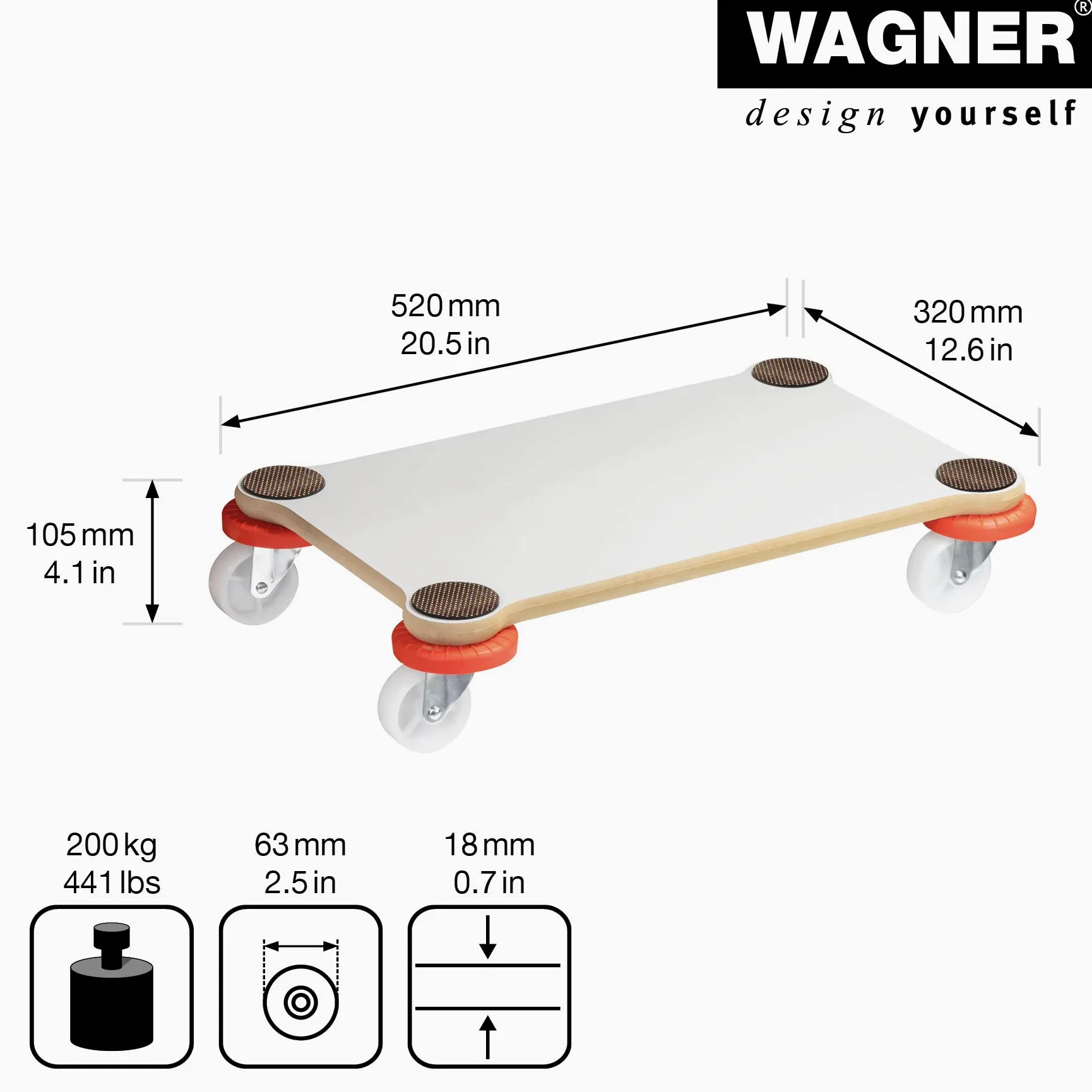 Wagner Plataforma de Carga MM 1363-52 x 32 cm, Antideslizante, Revestimiento Especial, 200 kg de Carga Máxima, Fácil de Limpiar, Protege la Pared y es Robusto - 20136301