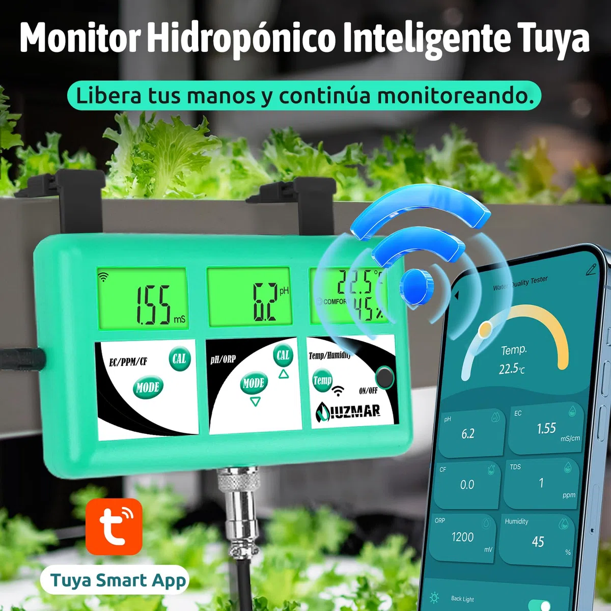 UIUZMAR Monitor de pH EC TDS Hidroponía, WiFi Controla el pH EC PPM 500 PPM 700 CF Temp y Humedad del Aire de Solución Nutritiva Hidropónica, 7 en 1 Probador de Conductividad y pH