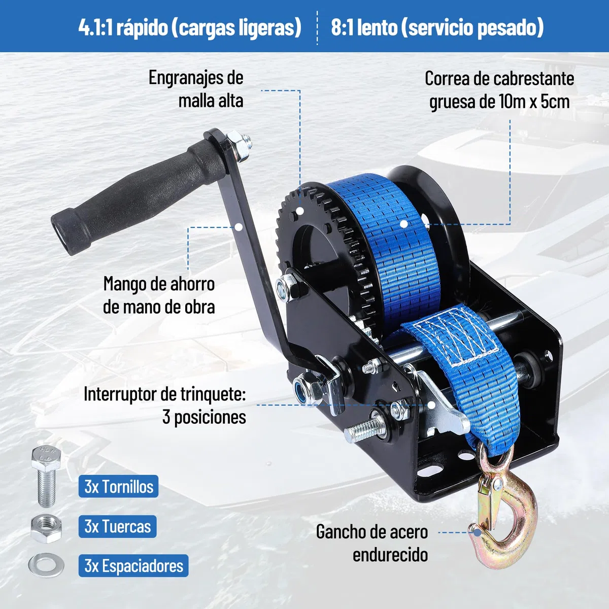 Pindex Cabrestante manual con correa de 10m, cabrestante manual de cuerda de 1000kg con banda de correa, cabrestante para barco, cabrestante de correa manual con freno antirretorno para taller, garaje