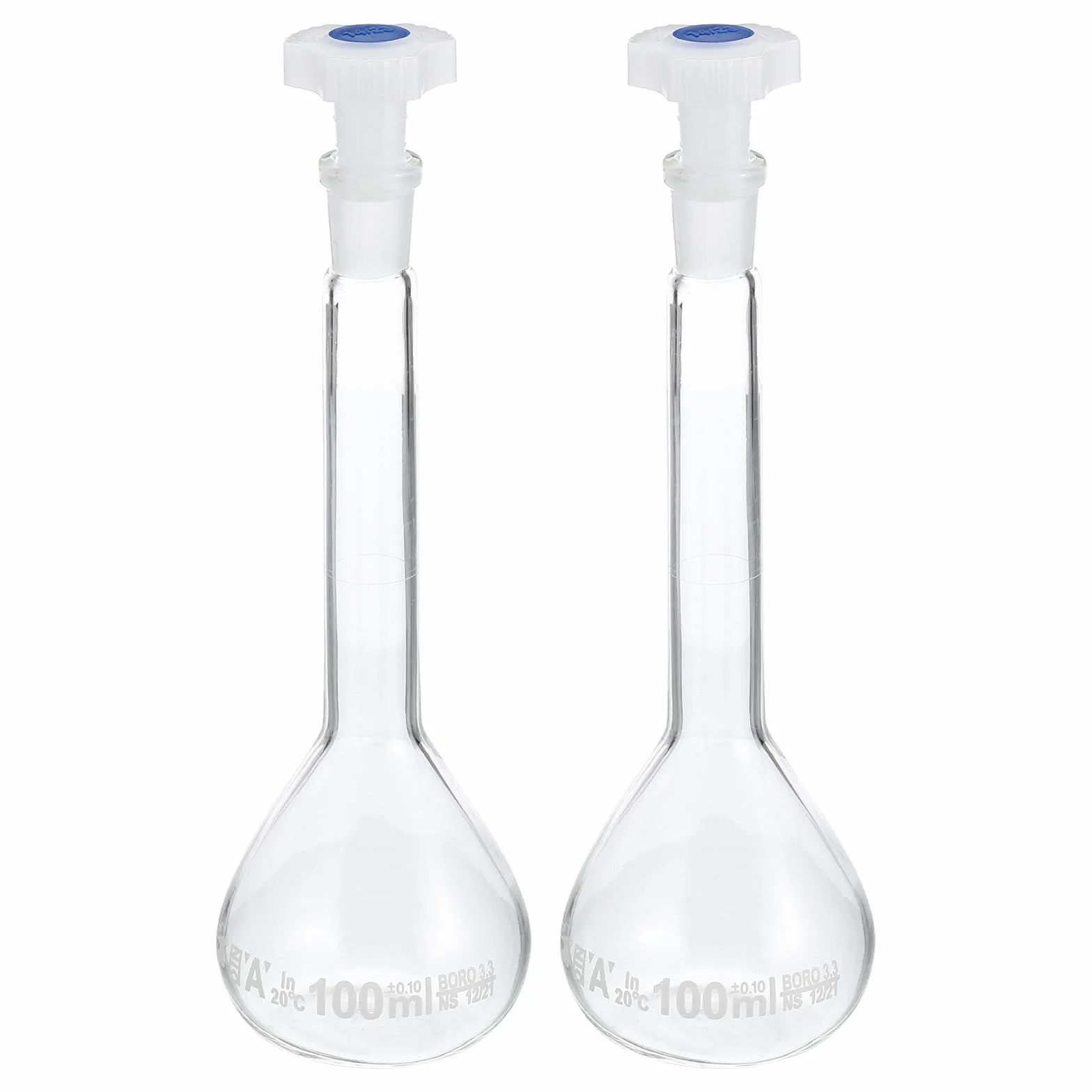 PATIKIL Aforado Matraz 100ml 2uds 3,3 Borosilicato Vidrio Graduado Medidor con Tapón Tolerancia 0,1ml Laboratorio