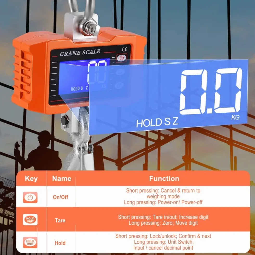 Industrial Pesado Escala Colgante 1000kg para Trabajo Pesado Báscula de grúa Digital con Mando a Distancia Recargable Báscula Colgante electrónica de Alta precisión de 1T