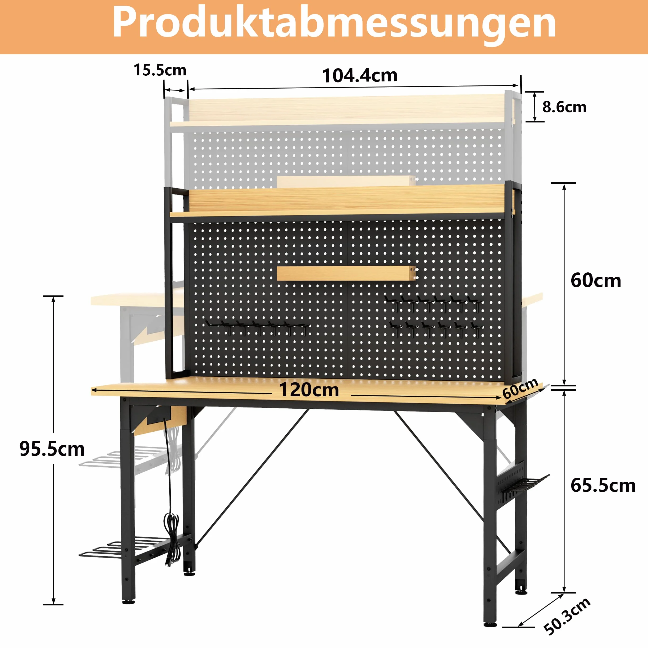 Banco de trabajo regulable en altura de 120 cm con pared perforada, banco de trabajo enrollable con ruedas, enchufes, USB y Type-C, mesa de taller con gancho y estante, banco de trabajo pesado para