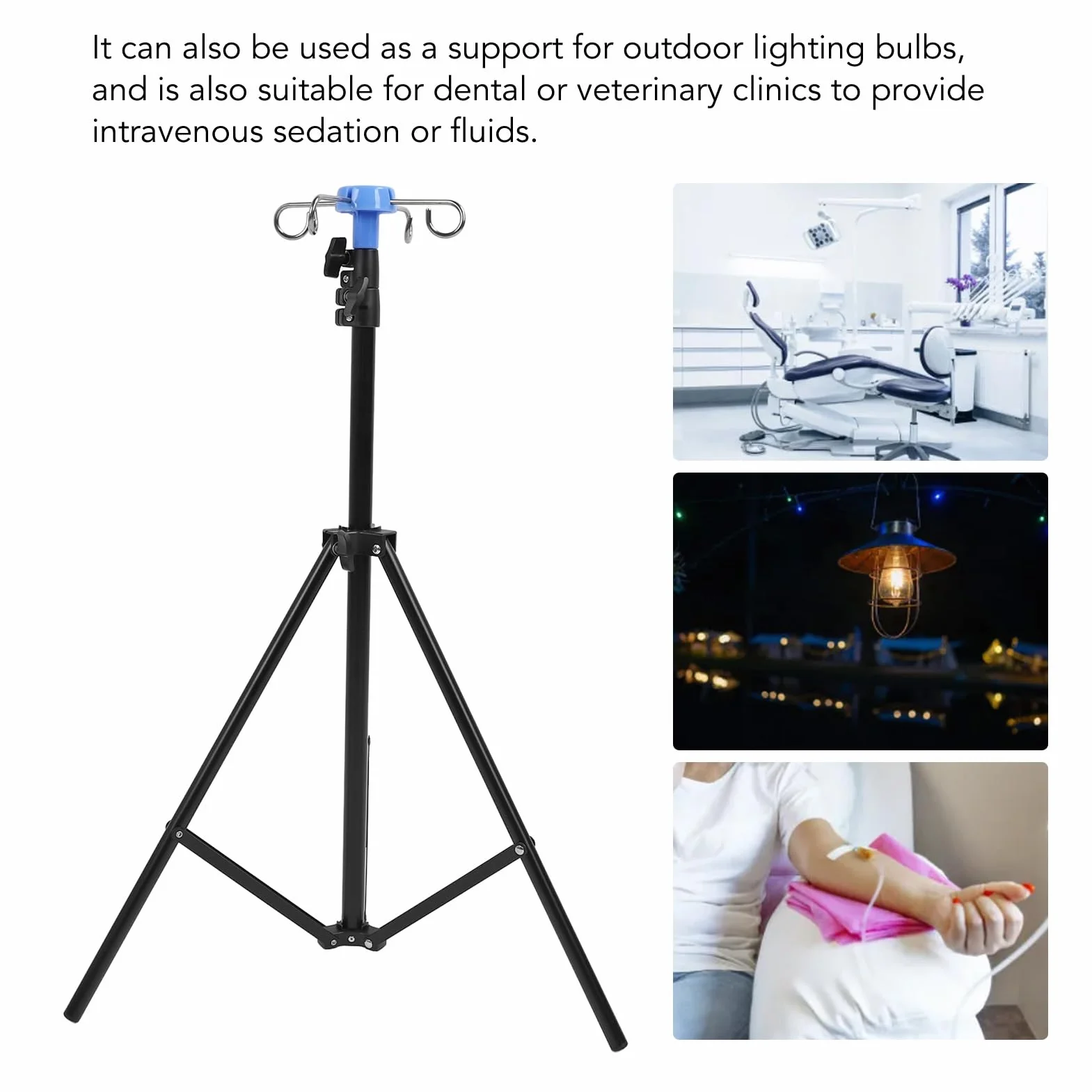 Soporte IV Portátil, Base Trípode Ajustable con 4 Ganchos, Altura Plegable y Material Resistente para Bolsas Intravenosas o Diálisis