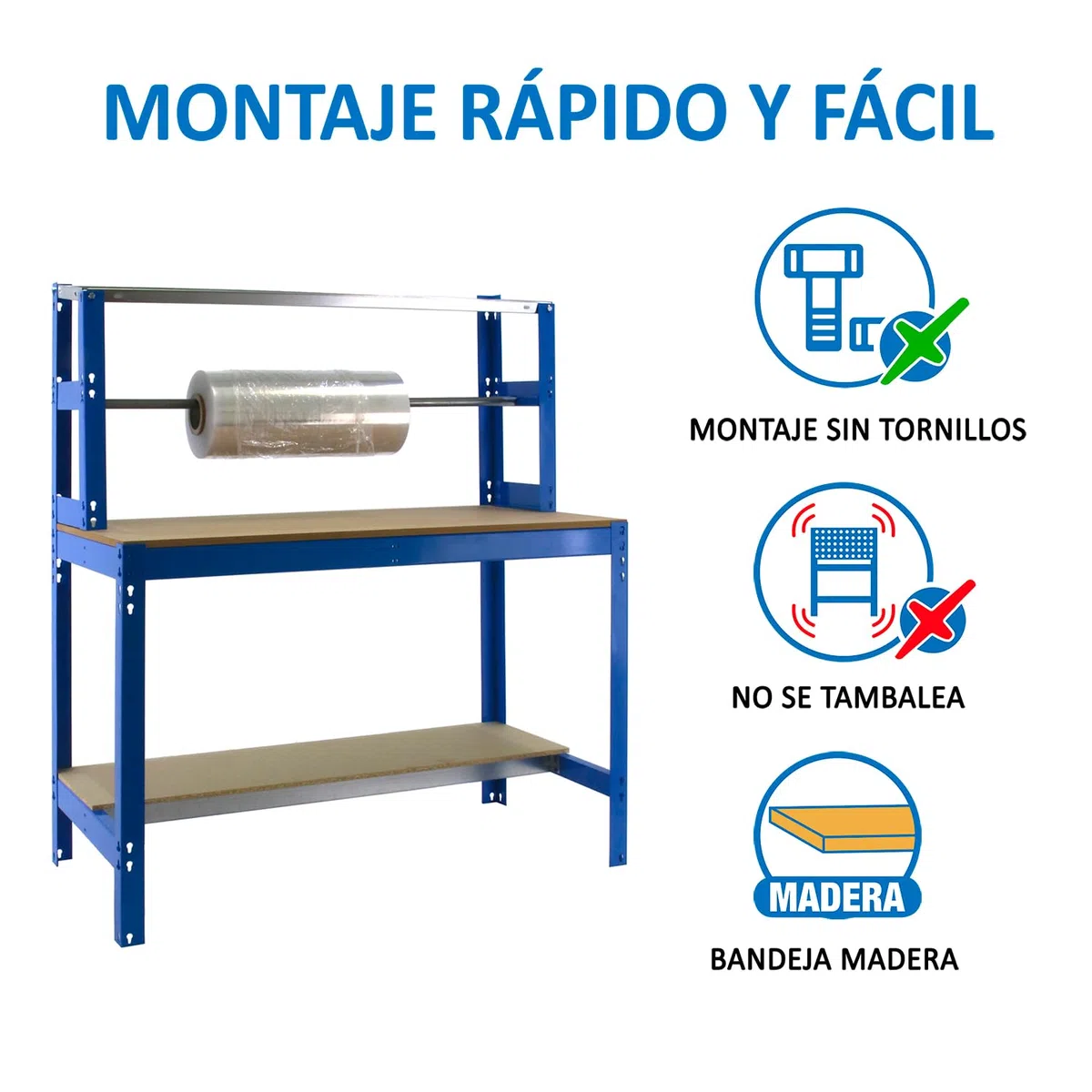Simon Rack Banco de Trabajo con Porta Rollo y cajón 1210x760 mm - BT4 | Tablero madera 16 mm, Capacidad Carga 600 kg, Azul , Pintura anticorrosión, Montaje sistema clic