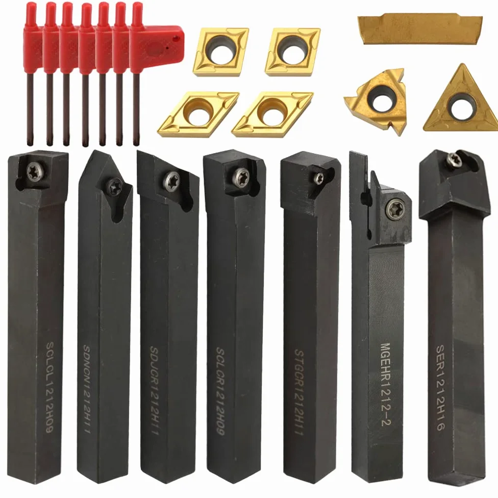 Herramienta de Torno, Mulcort 16 mm Vástago 7 Unidades con Inserto de Metal Duro, Llave DIY set de Metal de Acero para Taladro