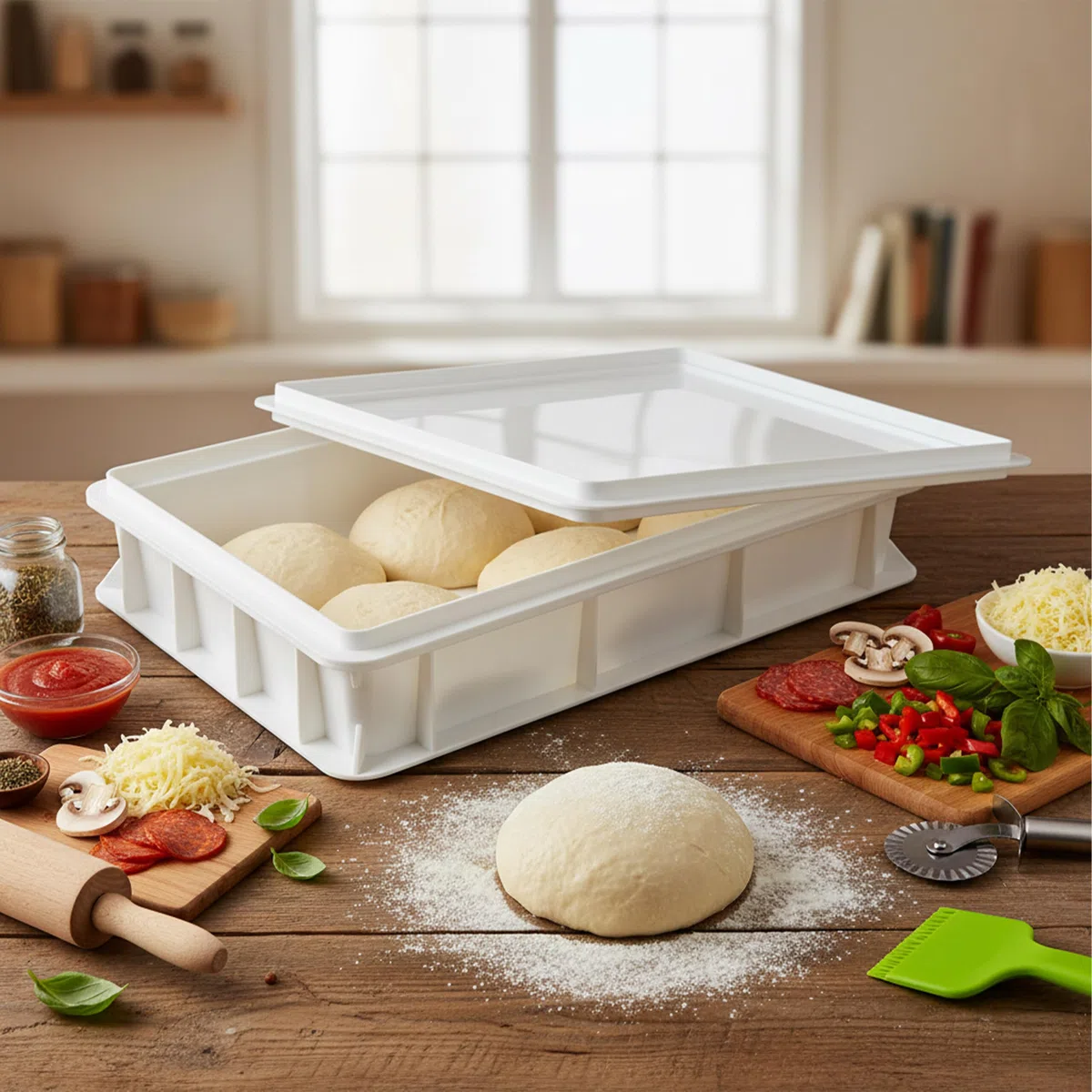 Relaxdays Caja apilable para Masa de Pizza con Tapa, espátula, 13x60x40 cm, PP, Blanca