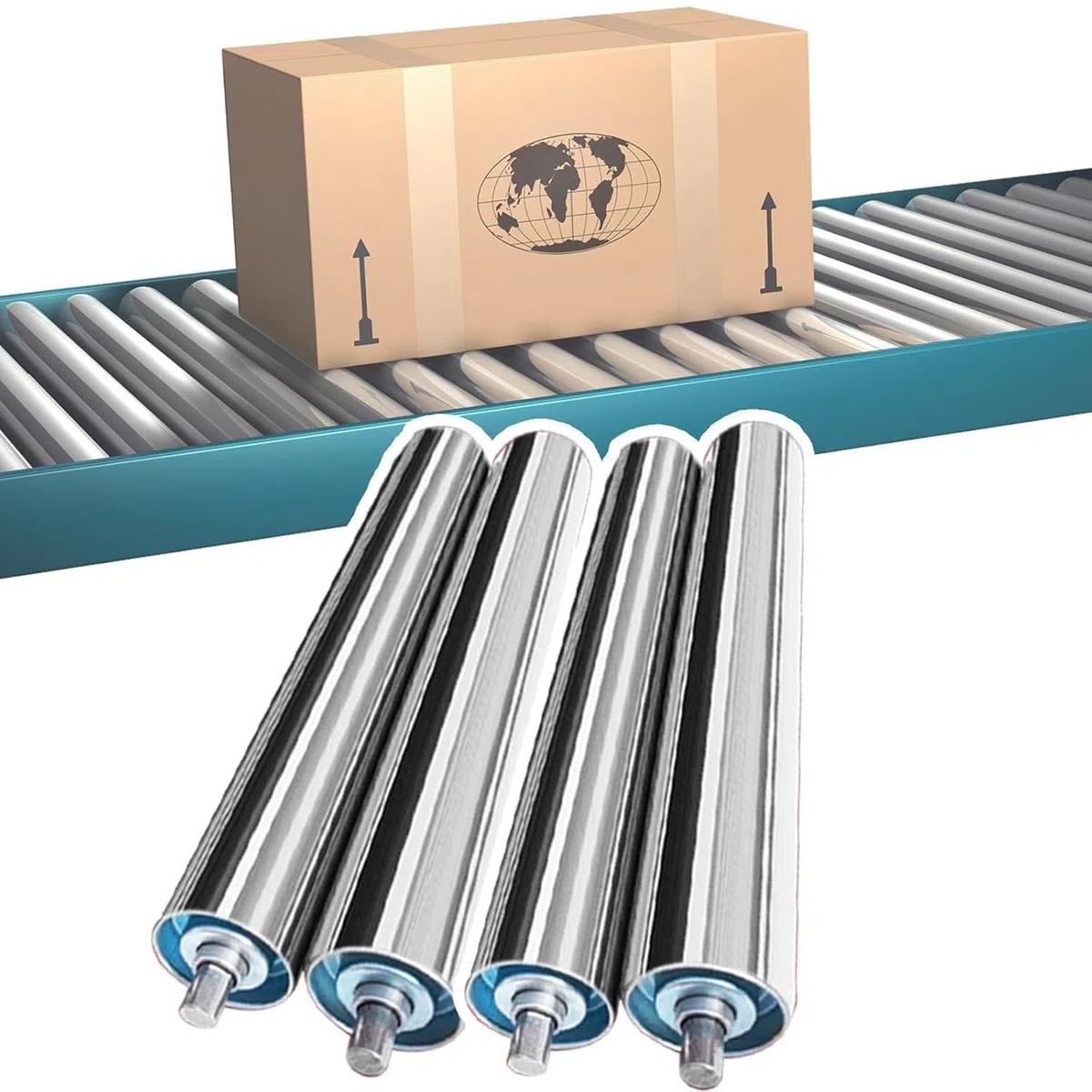 Juego de 4 rodillos transportadores de acero inoxidable de 25 mm de diámetro, 300 mm de longitud, rodillos de repuesto industriales para transmisión de fábrica, duraderos y eficientes