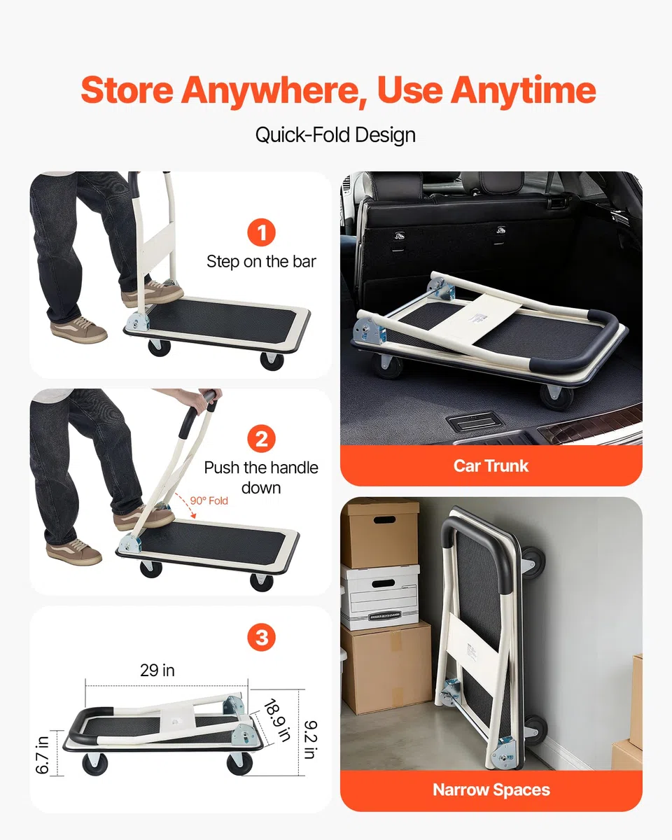 VEVOR Carro Plataforma Plegable 735 x 480 mm, Carretilla de Transporte Carga de 149,69 kg, Carrito Portaequipajes con Plataforma con Ruedas de PP de 96 mm, para Tareas Domésticas, Almacén, Mudanza
