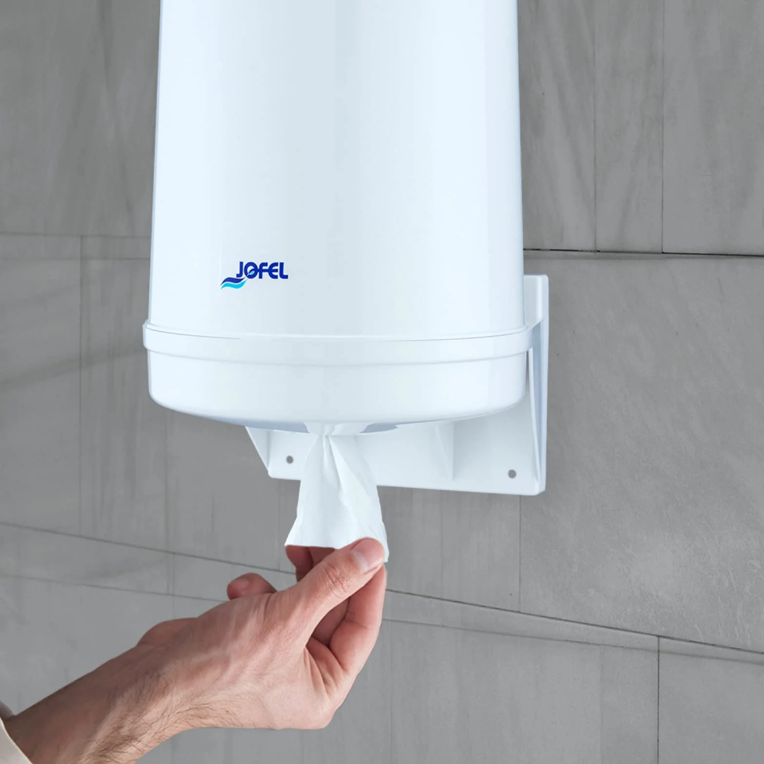 Jofel - Dispensador de Papel en Bobina hasta 205mm Mecha en Continuo, Bobina Especial para Dispensar por el Centro de la Base, Maxima Higiene, Carcasa de ABS, Clásica AG20020, Blanco