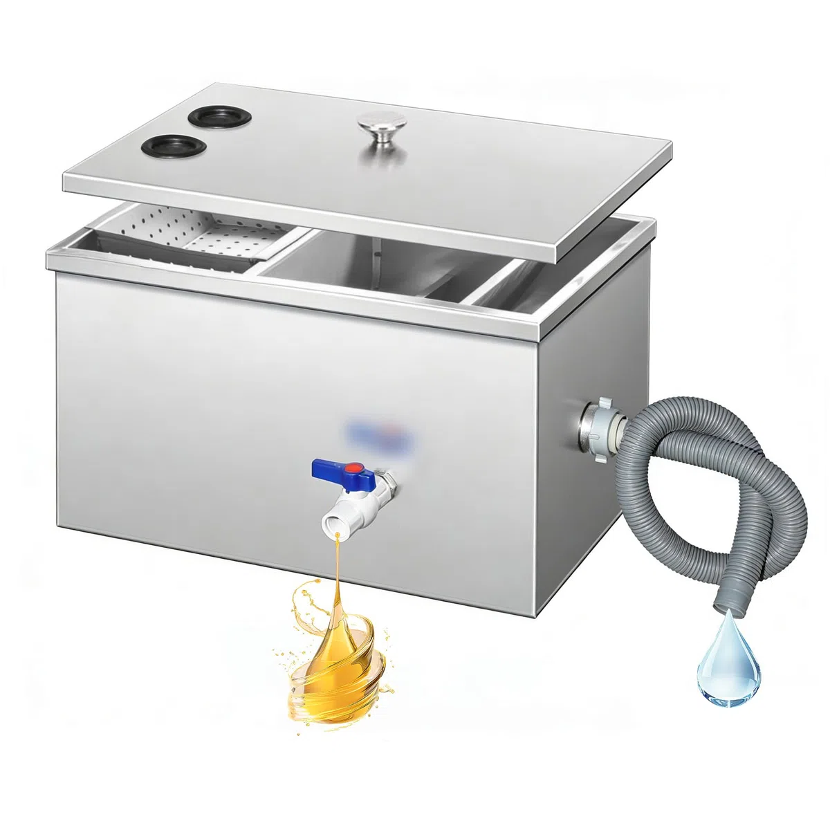 Separador de grasa comercial, separador de aceite de acero inoxidable de 45 l con 2 entradas superiores, separador de grasa para restaurante, cocina, hogar, 50 x 30 x 30 cm