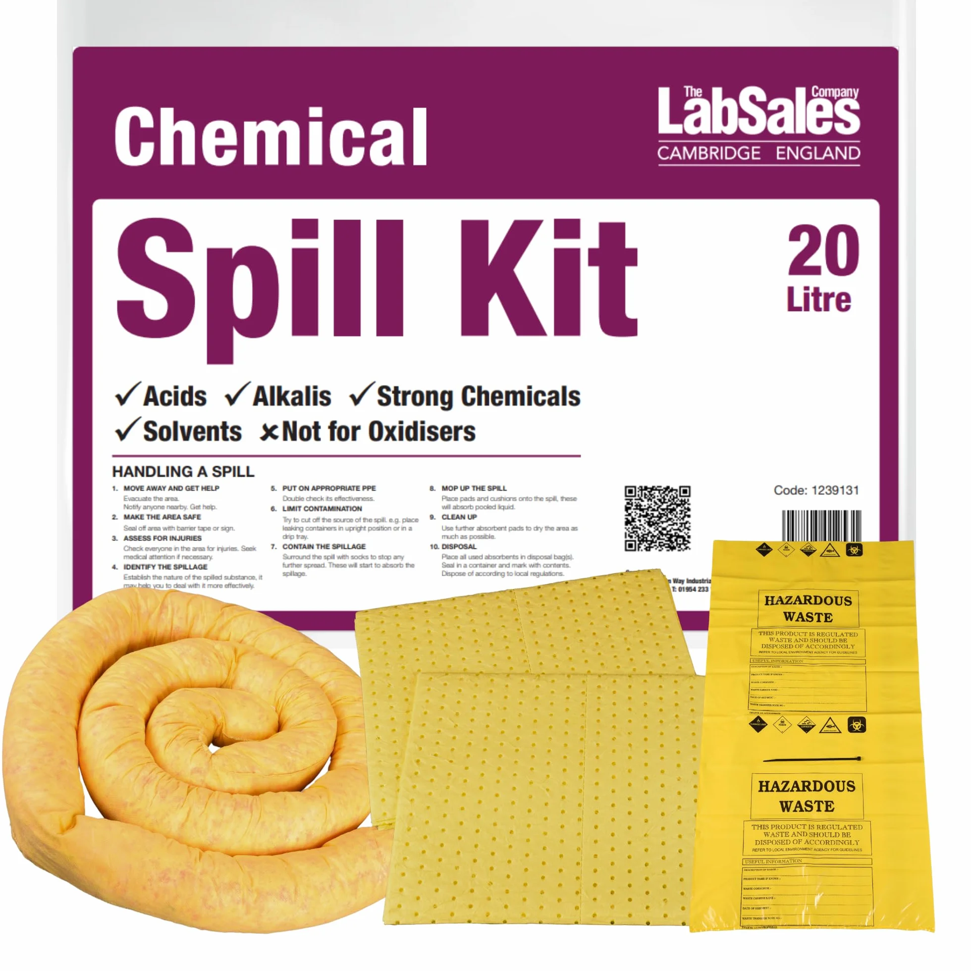 Labsales - Kit de derrames químicos de 20 litros con almohadillas superabsorbentes, calcetines y bolsa de desecho, adecuado para ácidos, álcalis, productos químicos fuertes y disolventes, fabricado en