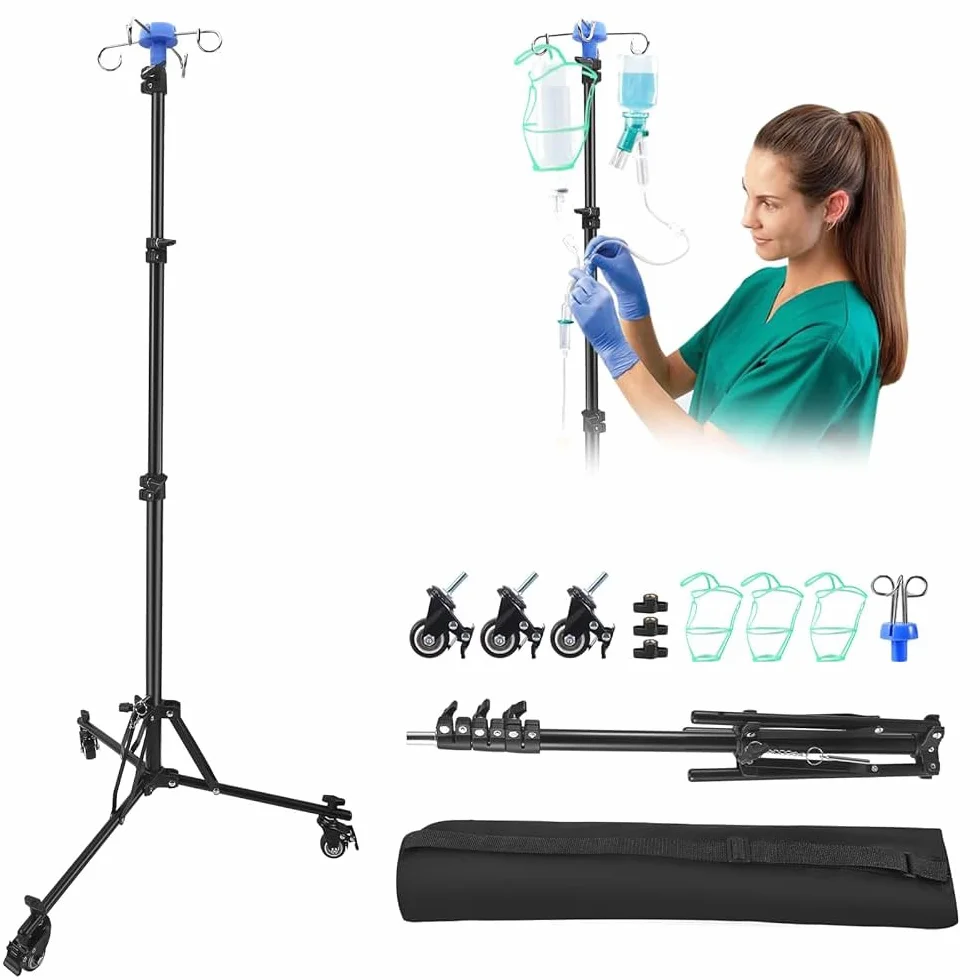 Soporte de infusión ajustable con ruedas, barra IV plegable, altura ajustable de 85 cm a 190 cm, escurridor con 4 ganchos, con trípode estable, para hospital y cuidado del hogar