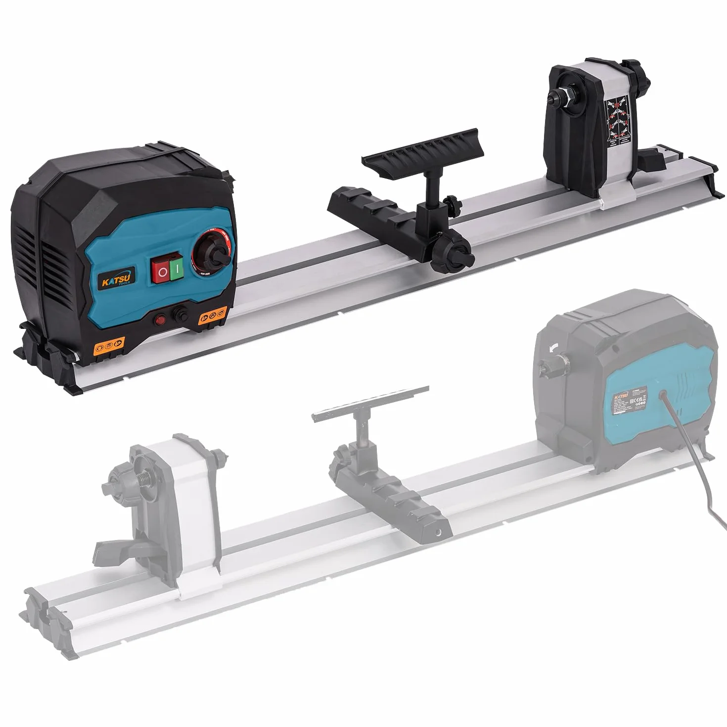 KATSU Mini torno de madera de 550 W y velocidad variable, con mesa de trabajo eléctrica y longitud máxima de pieza de 600 mm, ideal para proyectos de bricolaje y carpintería.