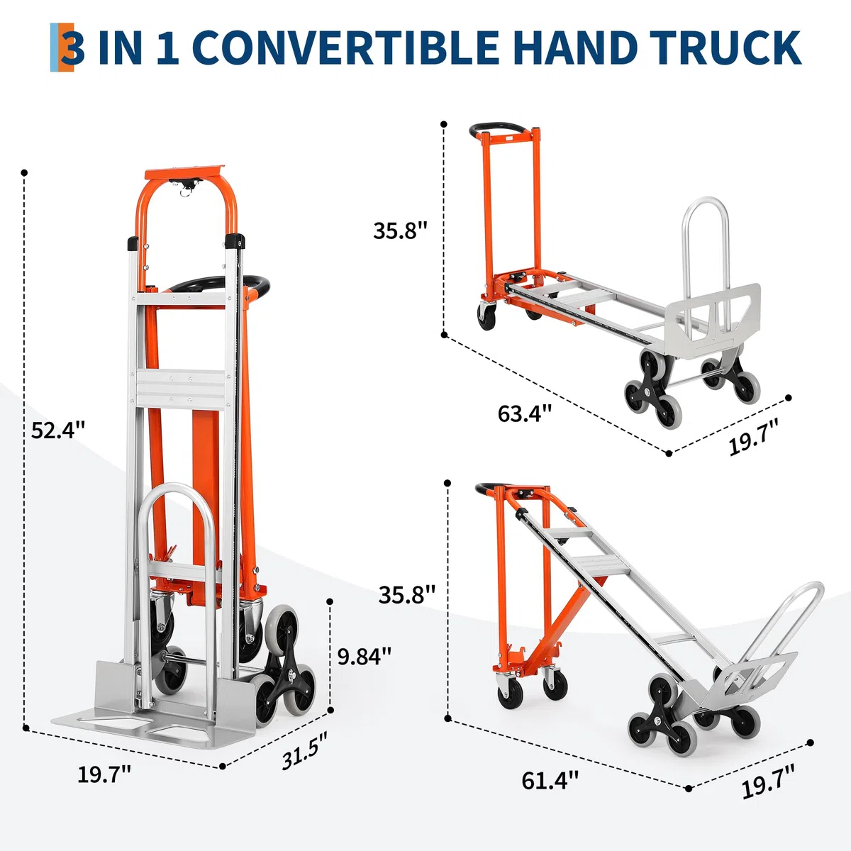 Carretilla Plegable 3 en 1, Carretilla con Ruedas para Subir Escaleras Resistentes a Pinchazos, Capacidad de Carga de 340 Kg, Material de Aleación de Aluminio, Correas Elásticas