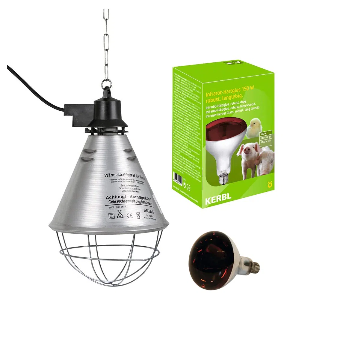 Kit de lámpara de rayos infrarrojos calentadores 250 W de Kerbl + reflector porta lámpara con rejilla de protección, cadena de fijación y cable de 2,5 m