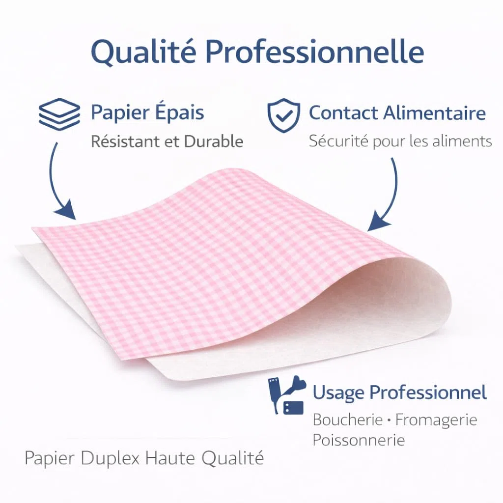 Papel alimentario dúplex satinado fondo rosa – 10 kg – tamaños de 25 x 32 a 50 x 65 cm – Papel de embalaje para carnicería, queso, pescado, embutidos, restauración profesional (50 x 65 cm – 10 kg)