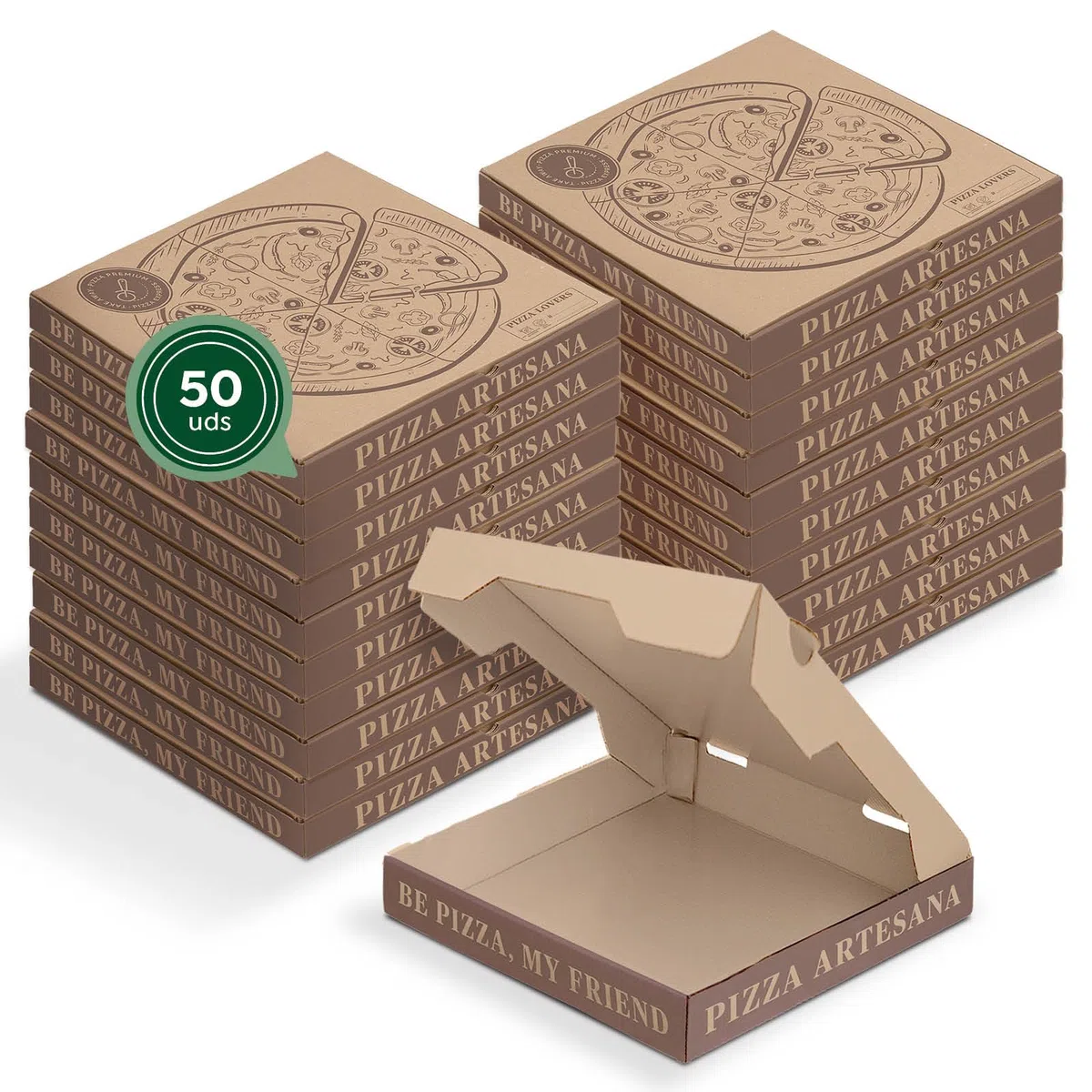 MAXI PRODUCTS - 50 Unidades - Caja para Pizza de Cartón Kraft Decorado para llevar de 26 x 26 x 3,5 cm - Caja Pizza, Take Away, Reciclable,porta pizza, Cierre Seguro, Comida para llevar - FACIL USO