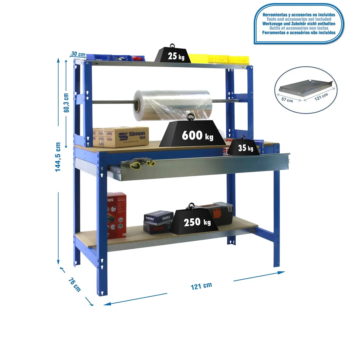 Simon Rack Banco de Trabajo con Porta Rollo y cajón 1210x760 mm - BT4 | Tablero madera 16 mm, Capacidad Carga 600 kg, Azul , Pintura anticorrosión, Montaje sistema clic
