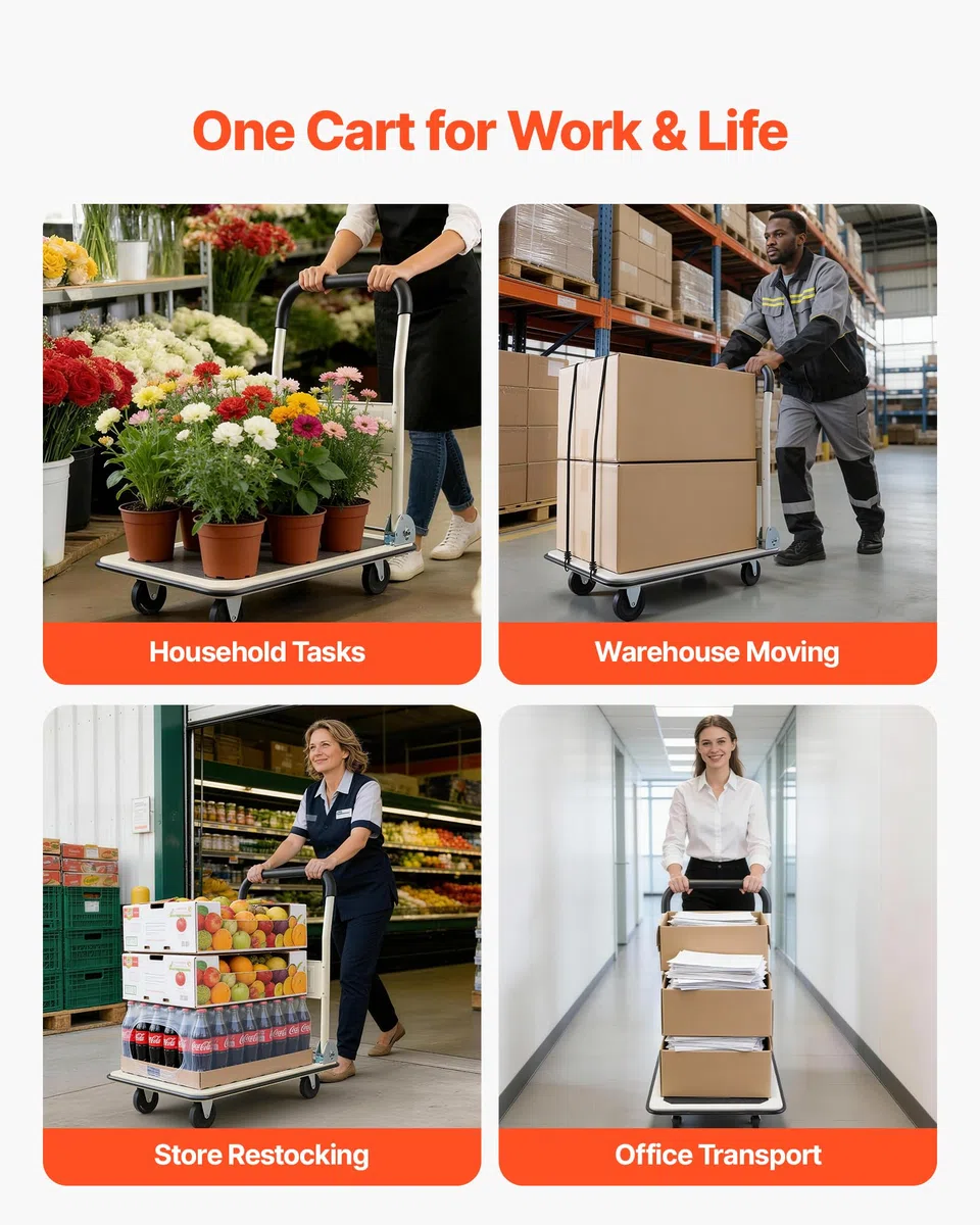 VEVOR Carro Plataforma Plegable 735 x 480 mm, Carretilla de Transporte Carga de 149,69 kg, Carrito Portaequipajes con Plataforma con Ruedas de PP de 96 mm, para Tareas Domésticas, Almacén, Mudanza
