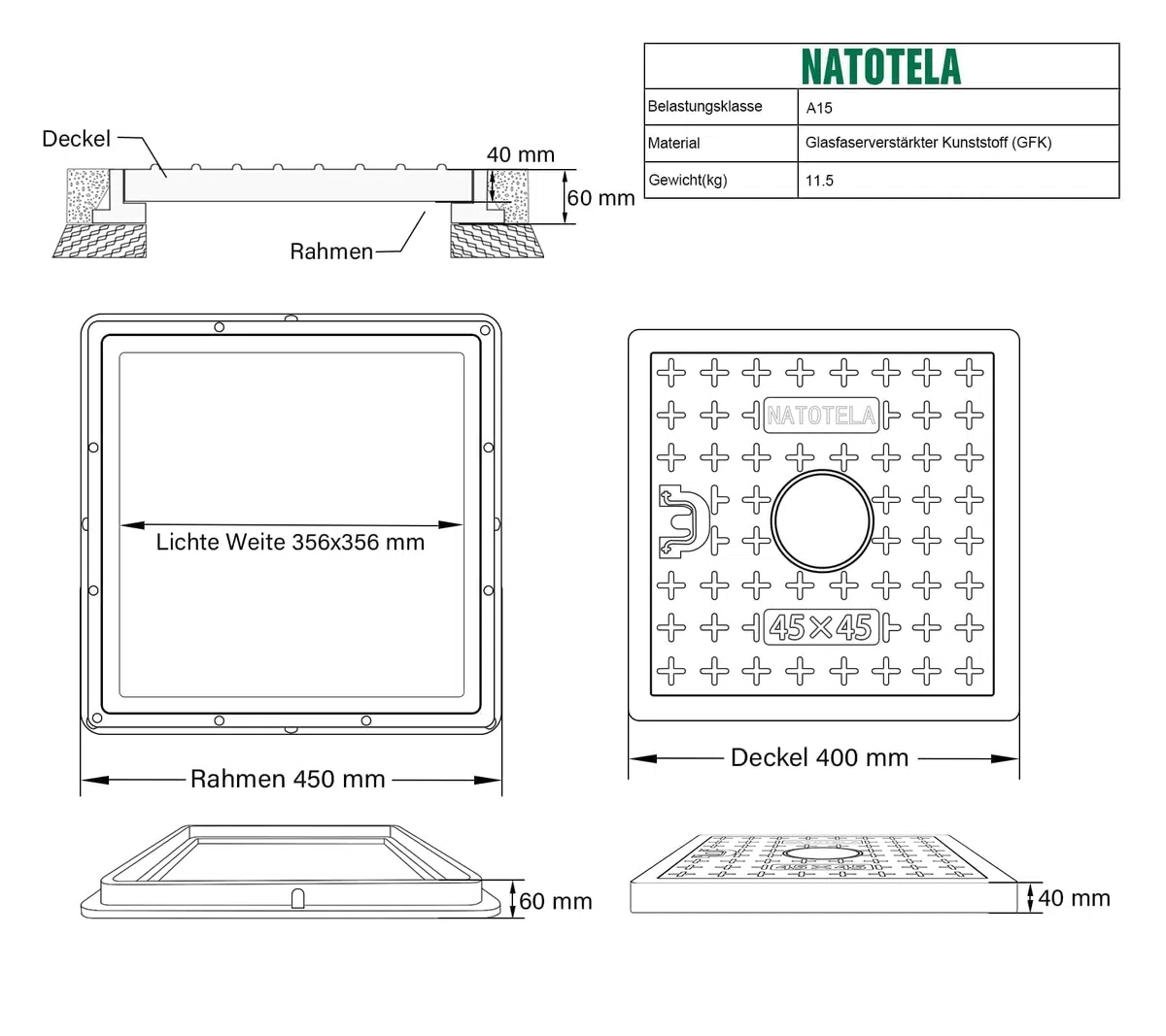 Tapa de pozo de fibra de vidrio con marco, asa 450x450 mm, A15, tapa de alcantarilla, tapa de pozo, conducto de inspección para acera, jardín, área verde, resistente a UV, resistente a las