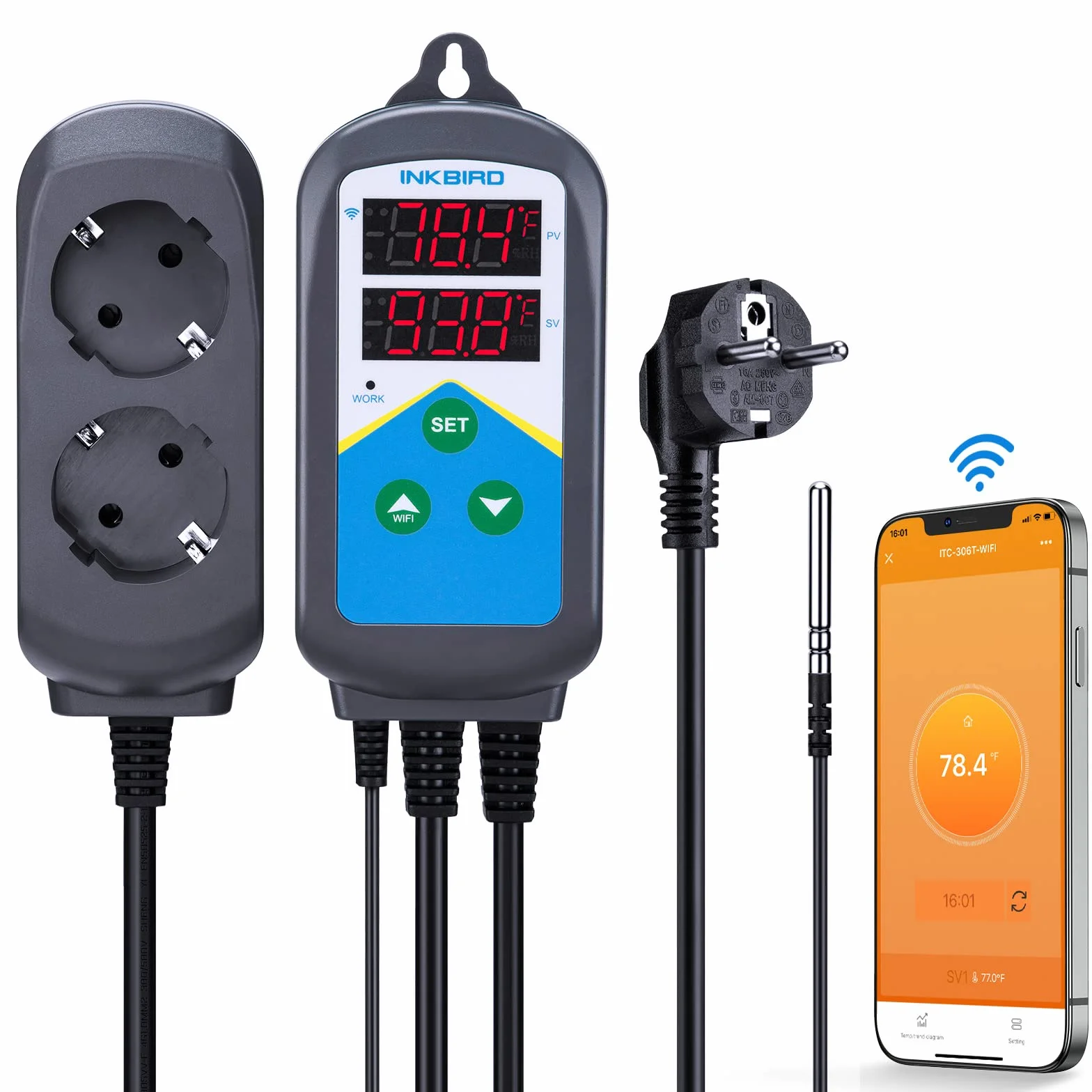 Inkbird Termostato WiFi, doble ciclo de tiempo, función de alarma, dos enchufes (solo para calefacción)