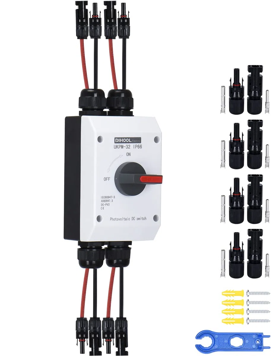 DIHOOL Interruptor de separación CC 2 cuerdas, sistema PV con caja de conexión generador, máquina de fusibles automática 32 A, IP66, interruptor solar, caja de conexiones