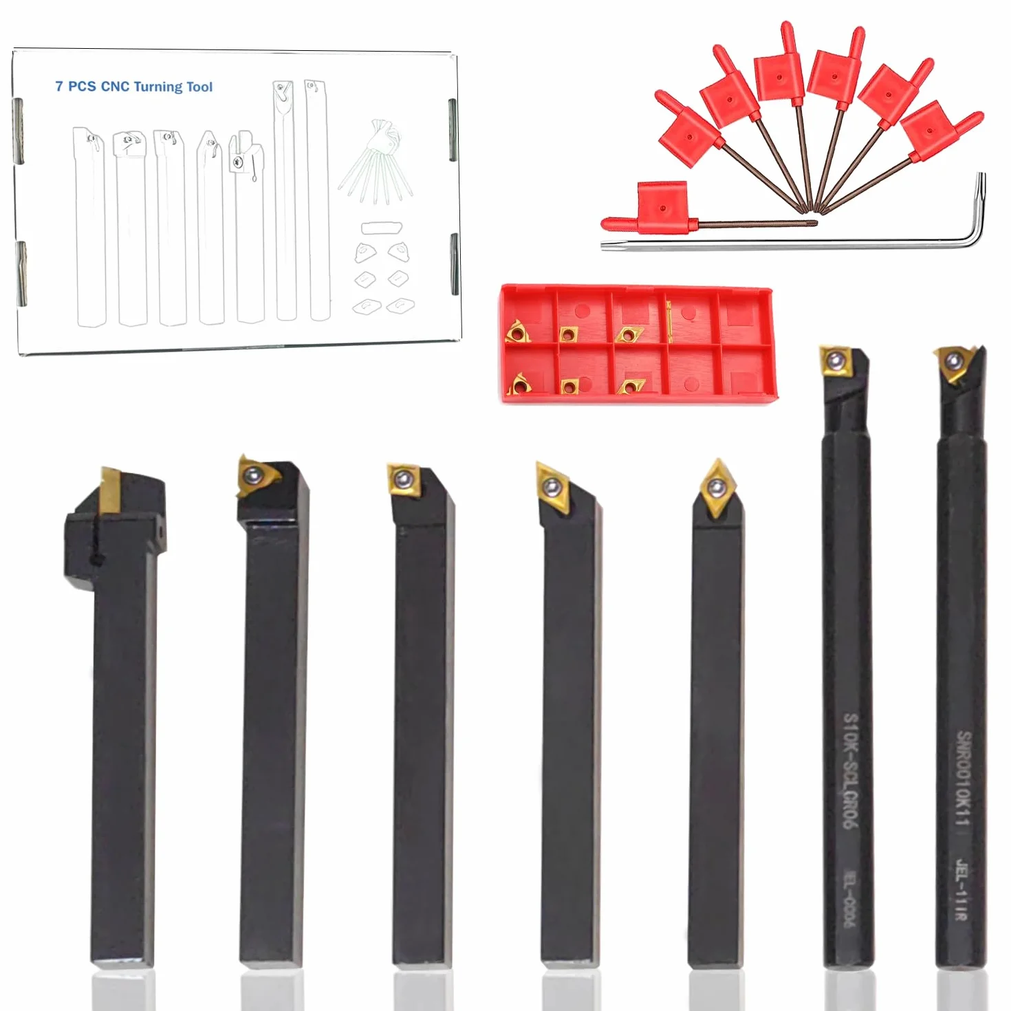 Juego de Herramientas CNC Torno 21Pcs 10mm Herramienta para Torno Metal Cuchillas Herramienta de Torneado de Torno para Tornos Inserto de Carburo Multifuncional con Cuchillas de Torno Metal y Llave