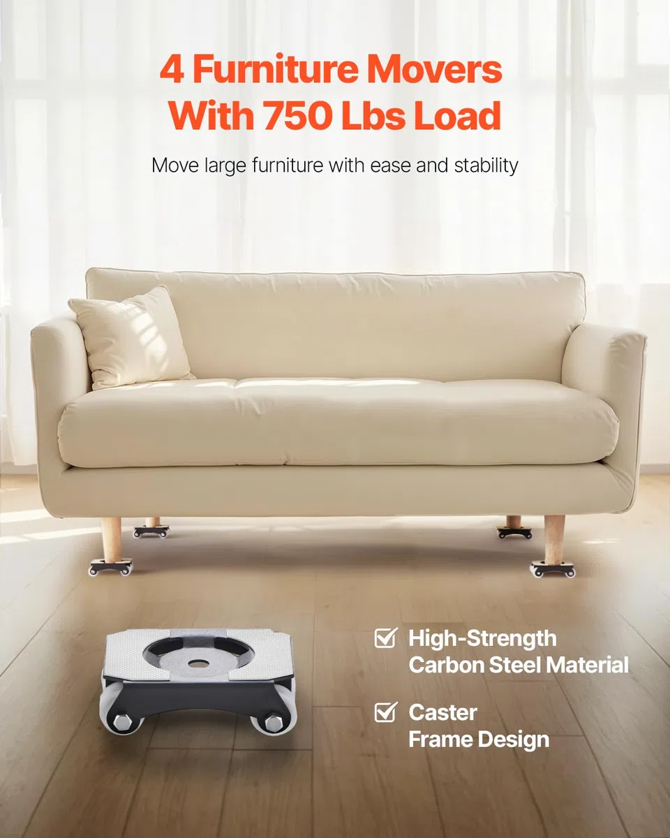 VEVOR 4 PCS Plataforma Rodante para Muebles Carga de 340 kg, Transportador de Muebles Resistente con Ruedas, Estructura de Doble Fila y Ocho Ruedas y Panel de Acero al Carbono para Mover Muebles