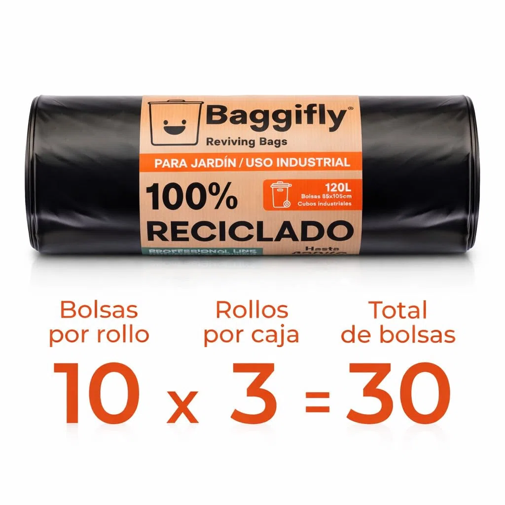 Baggifly, Bolsas de Basura 120L, 30 Bolsas Extra Resistentes, Más de 110kg, 100% reciclades, ECO Friendly, Uso Industrial, Jardín, Obra y Hostelería, Pack 3 x 10, Fabricado en España