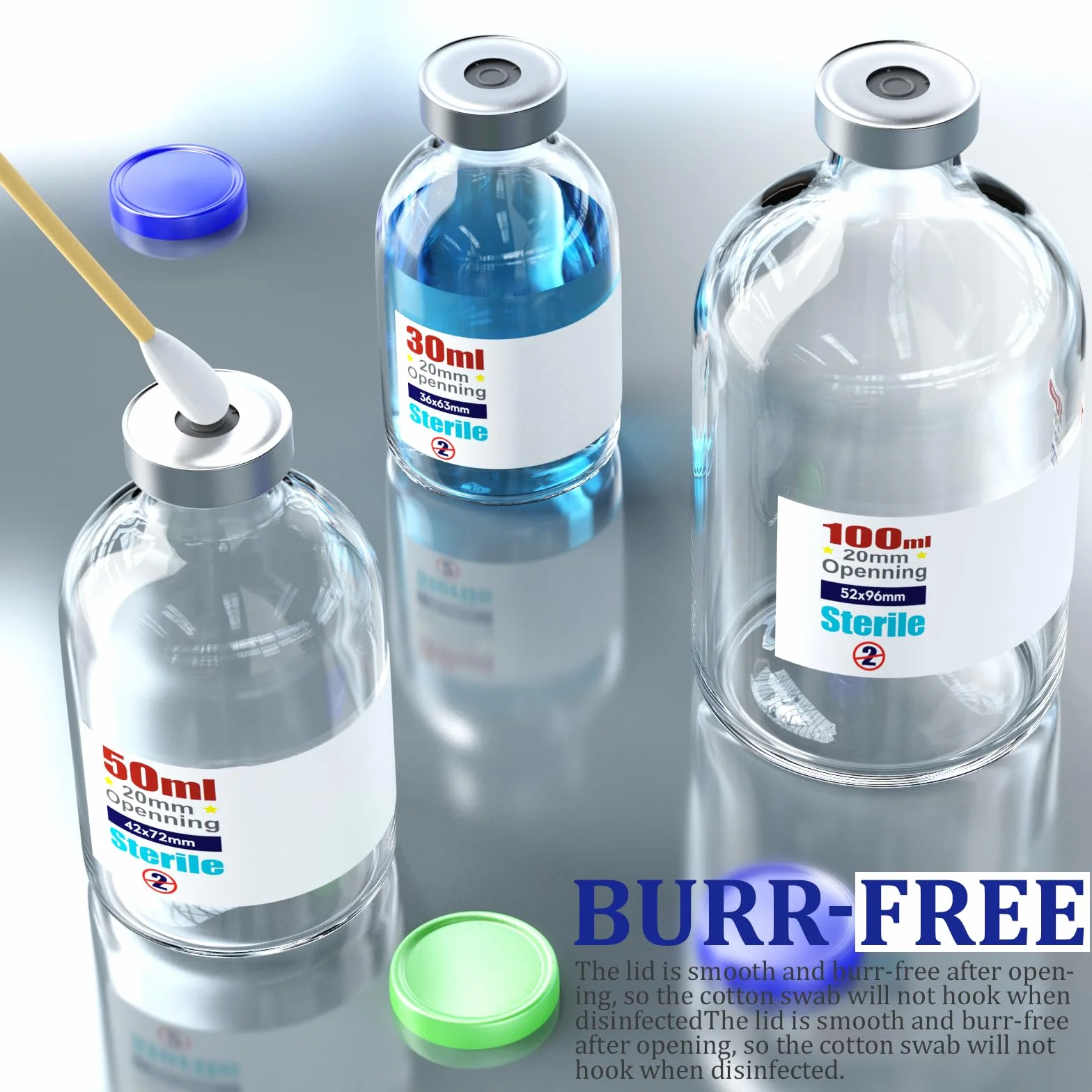 Frascos vacíos estériles con puerto de inyección autocurativo, tapa de aluminio abatible, 100 ml, 4
