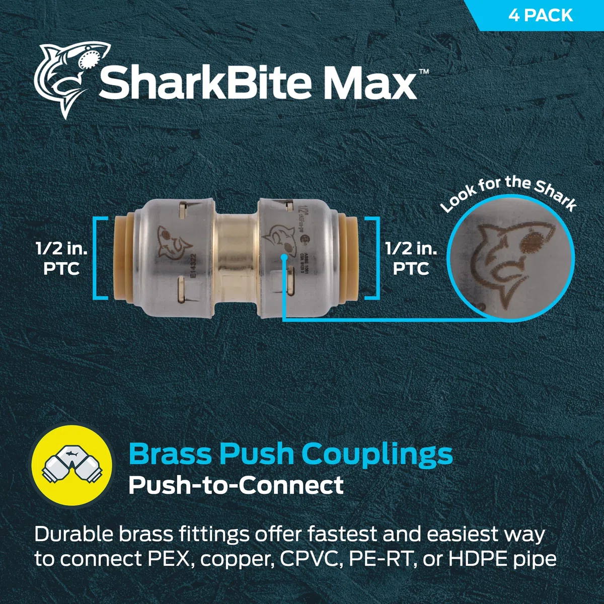SharkBite Acoplamiento máximo de 1/2 pulgada, paquete de 4, accesorio de fontanería de latón a presión, tubo PEX, cobre, CPVC, PE-RT, HDPE, UR008A4