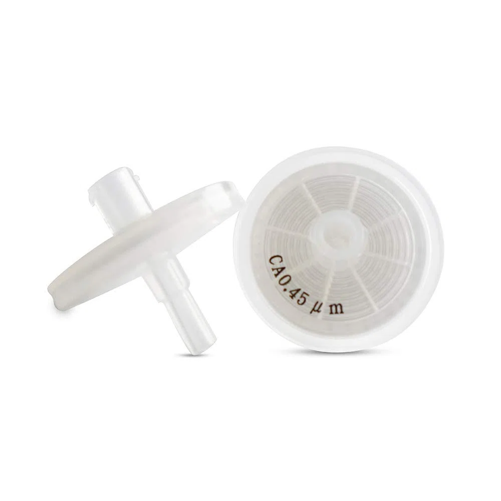 Filtros de jeringa CA (acetato de celulosa) de 25 mm de diámetro, 0,45 μm, tamaño de poro para filtración de proteínas [caja de 100 unidades] por Allpure Biotechnology, CA-25mm-0.45μm, blanco