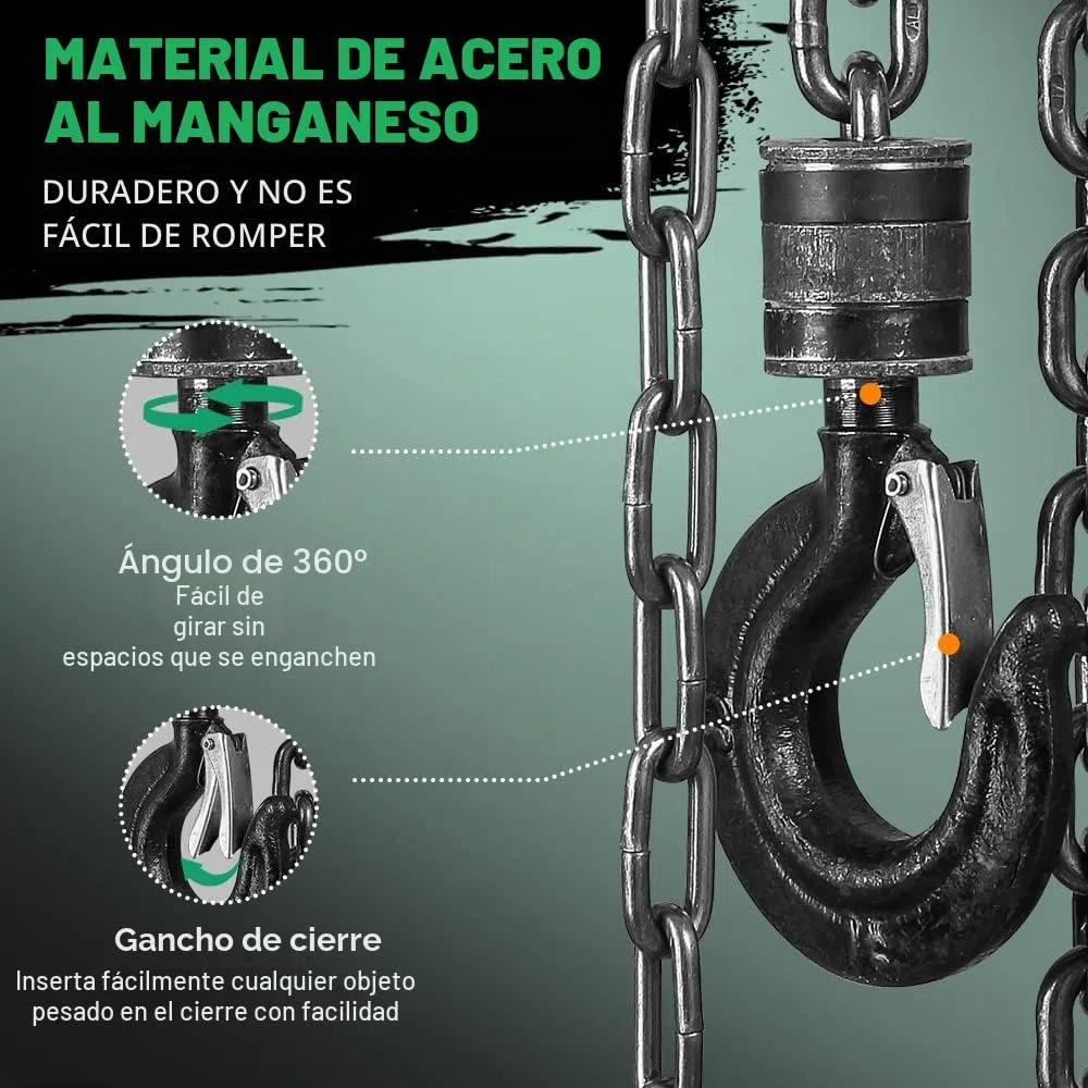 Polipasto de Cadena Manual con Gancho Resistente STANEW, Altura de Elevación 3,0 m, Verde, Doble Cadena de Carga, G80, Gancho de Elevación Con Seguridad (1 Tonelada 3,0 m)