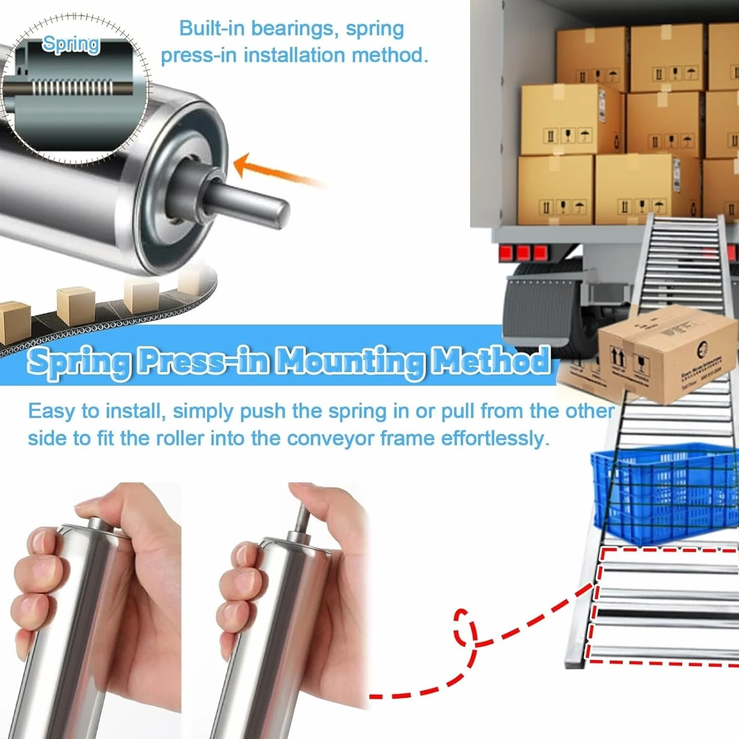 Juego de 4 rodillos transportadores de acero inoxidable de 25 mm de diámetro, 300 mm de longitud, rodillos de repuesto industriales para transmisión de fábrica, duraderos y eficientes