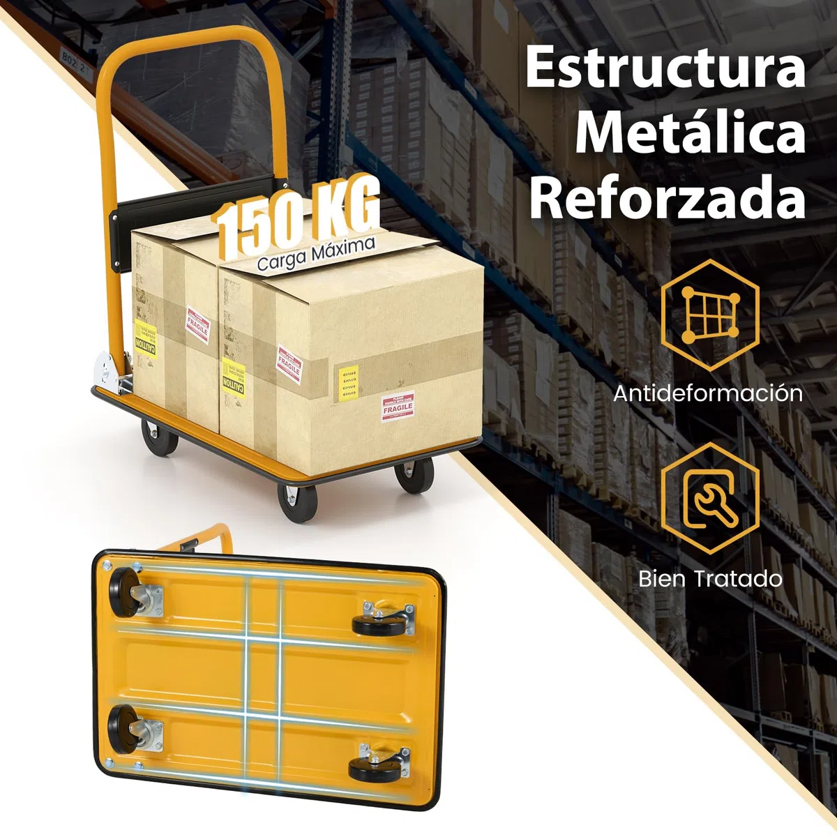 COSTWAY Carretilla Plegable hasta 150kg, Carretilla de Carga con 4 Ruedas Resistentes al Desgaste, Carro Plegable con Superficie, Carro Transporte Plegable para Todas las Superficies (Negro,48 x 73cm)
