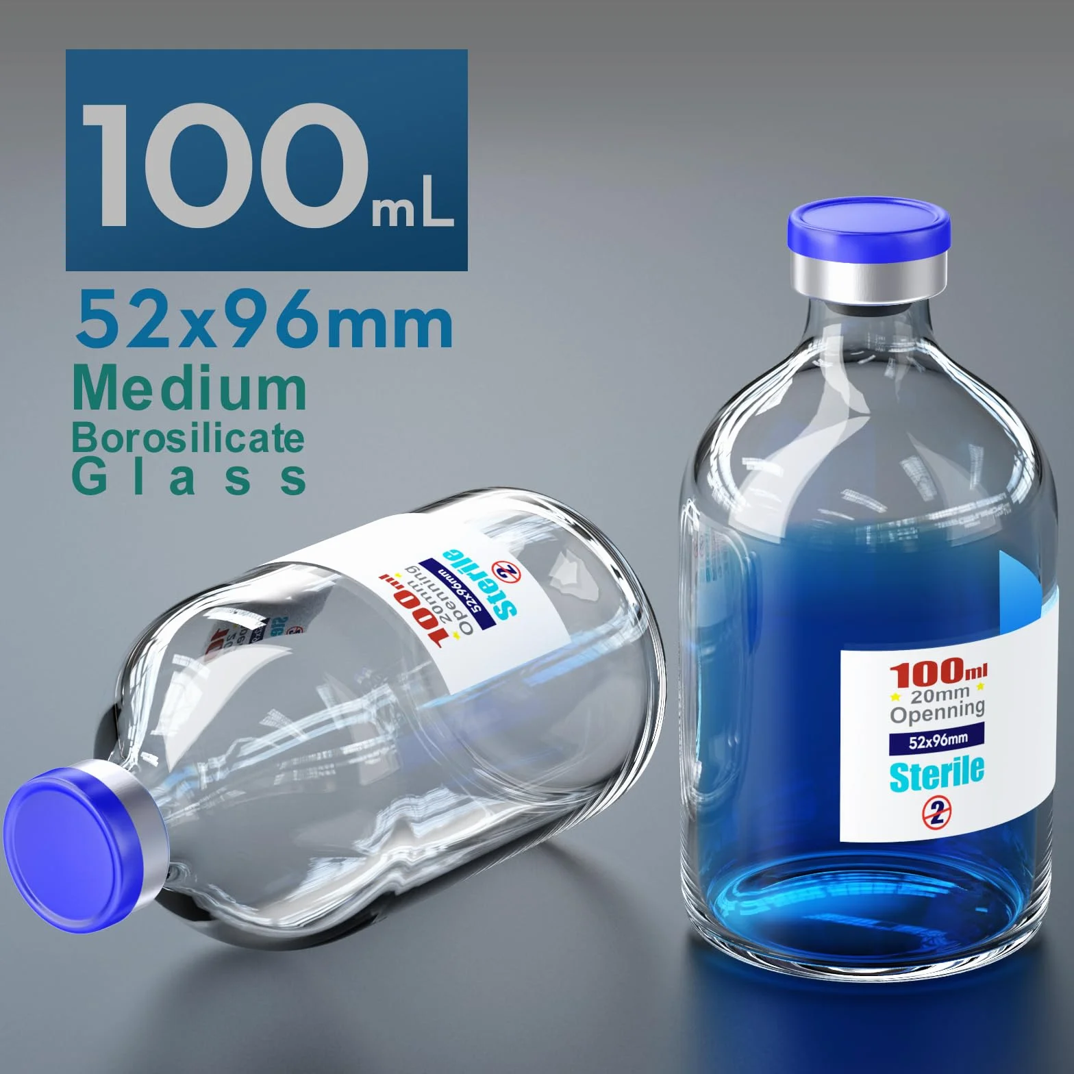 Frascos vacíos estériles con puerto de inyección autocurativo, tapa de aluminio abatible, 100 ml, 4