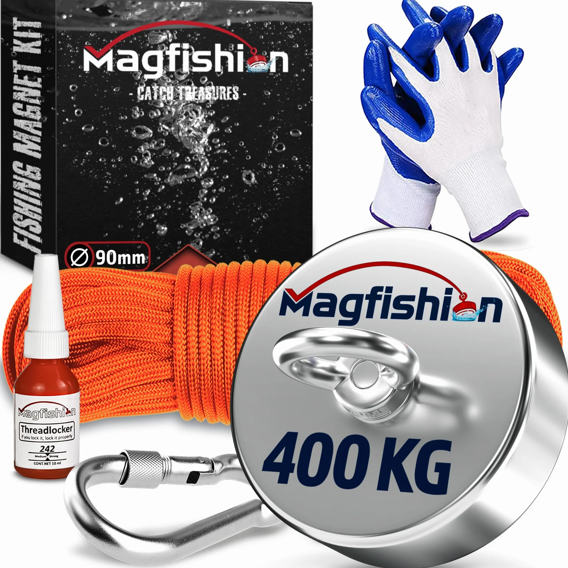 MAGFISHION Imanes Neodimio Potentes 400KG Ø90mm con Cuerda 20M y Guantes