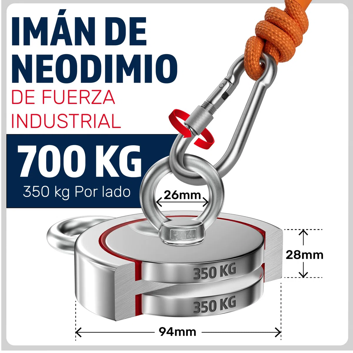MAGFISHION Juego de Pesca Magnética - Fuerza de Atracción 700KG (2x 350KG) - Ø94mm - Imanes Neodimio Potentes con 2 Cuerdas, Gancho de Grapa y Guantes- Iman de Neodimio