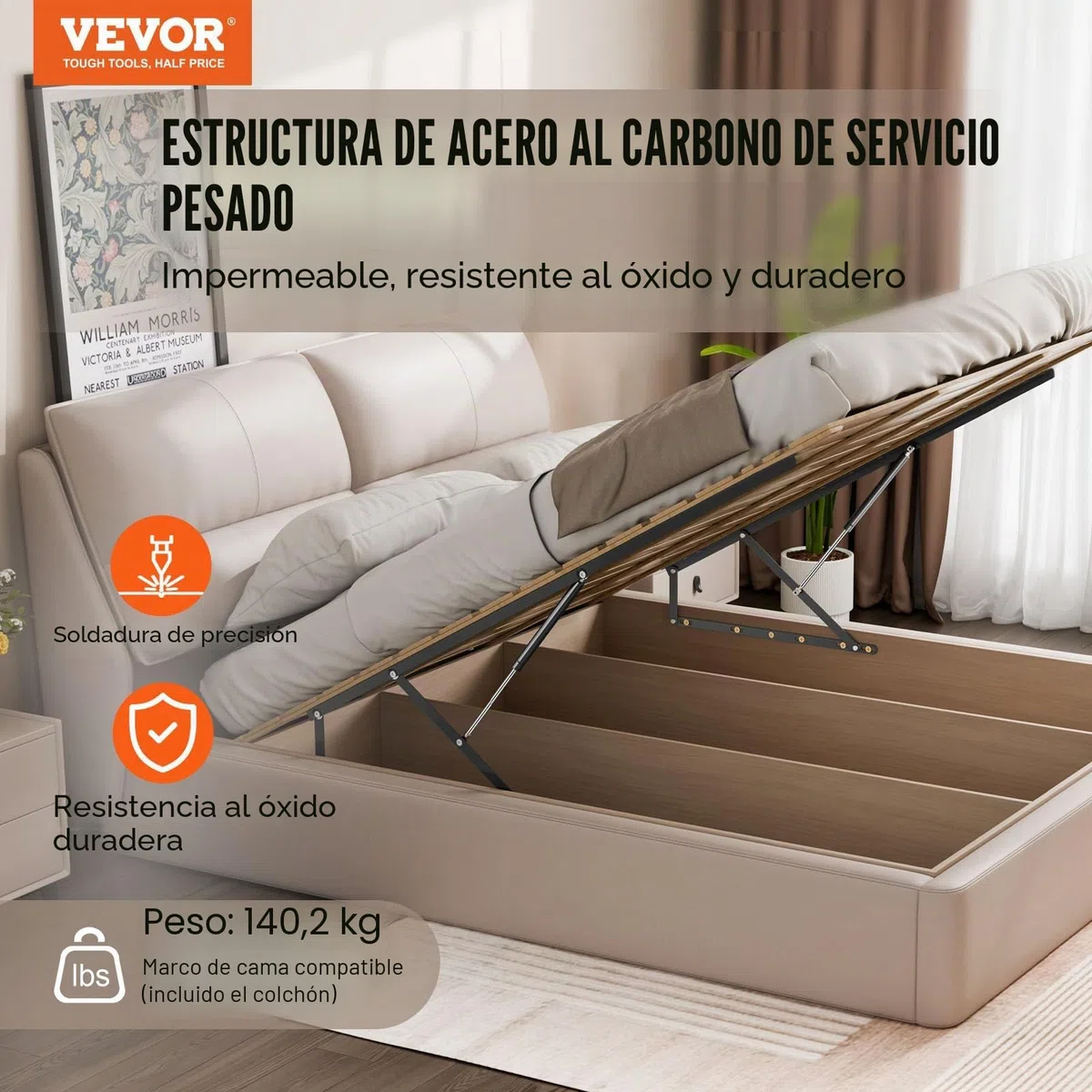 VEVOR Elevador de Cama Compatible de 150 x 200 cm Capacidad de 140 kg Kit de Hardware Mecánico de Cama Palanca Neumática Vertical de Lujo Soporte de Cama Resistente para Habitación de Invitados