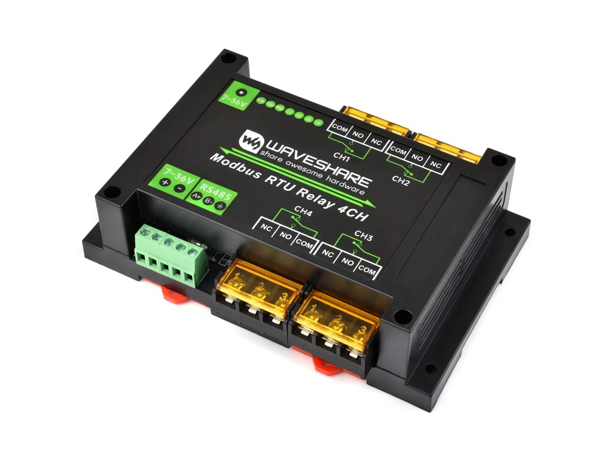 Waveshare Industrial Modbus RTU 4-Ch Relay Module With RS485 Interface, 30A High Current, Onboard LED Indicators, Multi Isolation Protection Circuits, Industrial Grade Rail-Mount Case