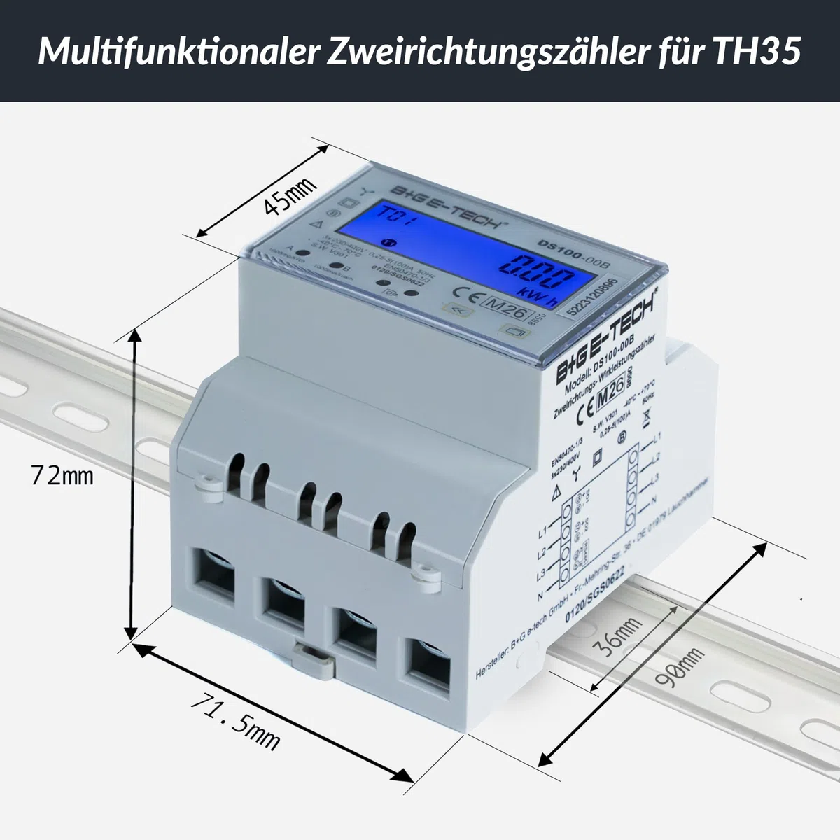 Contador trifásico [DS100-00B – MID 26] digital de 3 fases bidireccional para carril (4TE) con LCD, RS485 Modbus RTU y 2 x impulsos S0, calibrado MID, 100 A directo, contador de alimentación/vatímetro