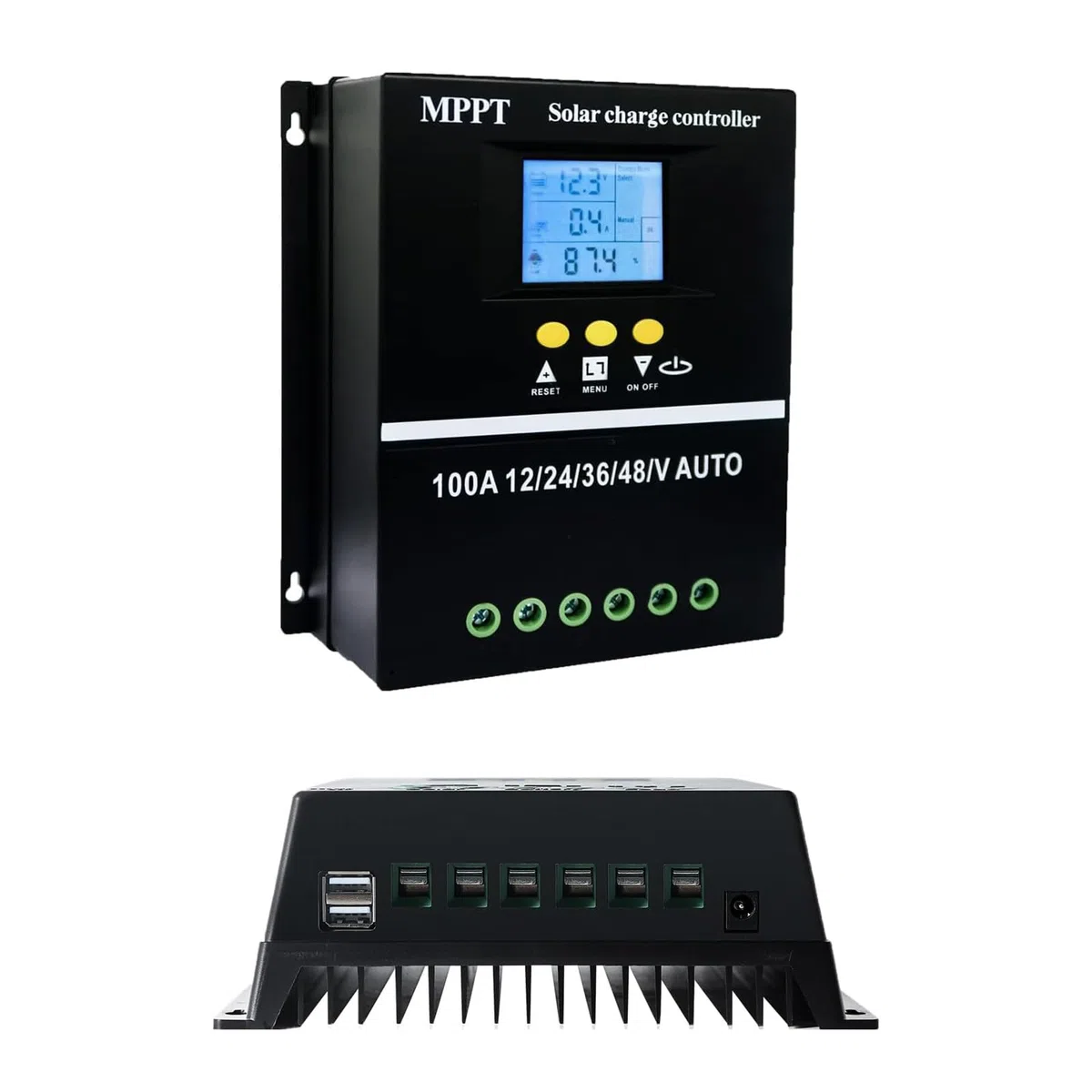 MPPT 100A Controlador de Carga Solar, Regulador Solar MPPT de 100A 12V/24V/36V/48V MPPT Controlador de Carga Dual USB Automático ID Pantalla LCD Max 100V CC Entrada de Plomo/ácido/litio